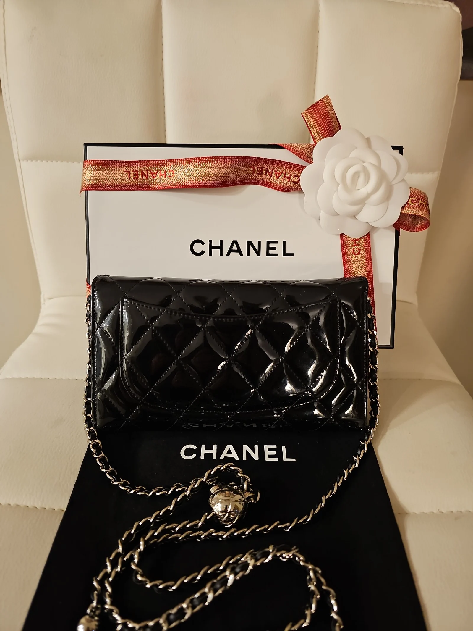 CHANEL Patent Leather Quilted Large Flap Wallet