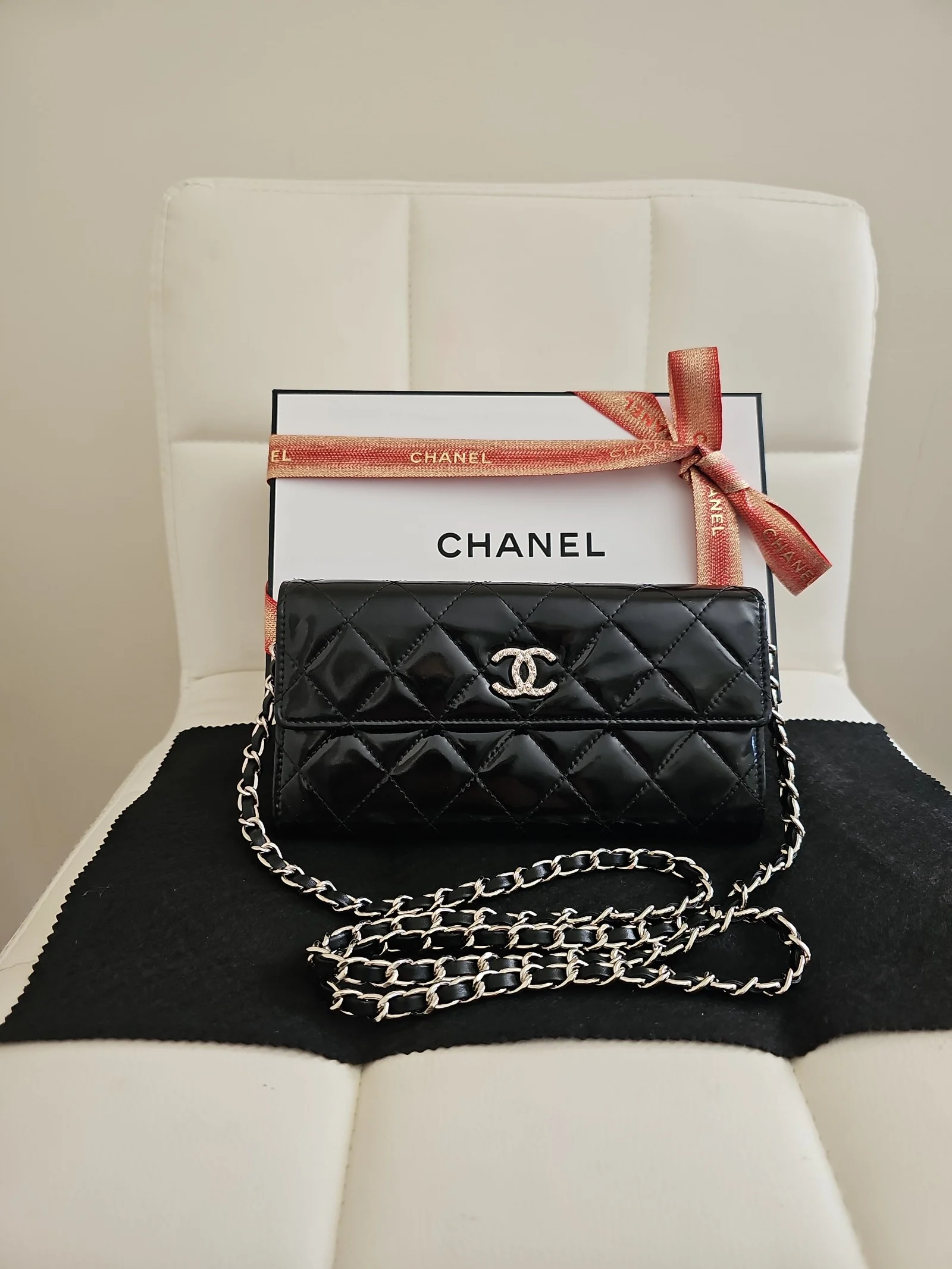 CHANEL Black Patent Leather Quilted Long Wallet