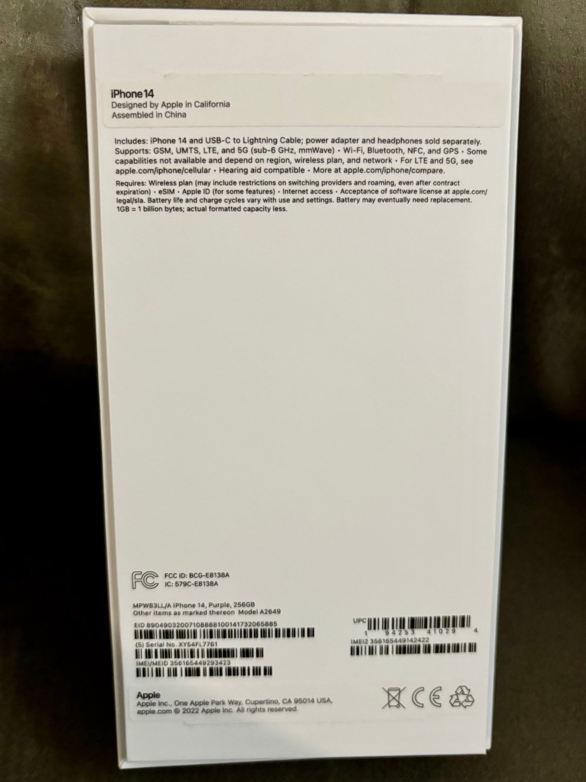 iPhone 14 unlocked 256GB Purple 2W52