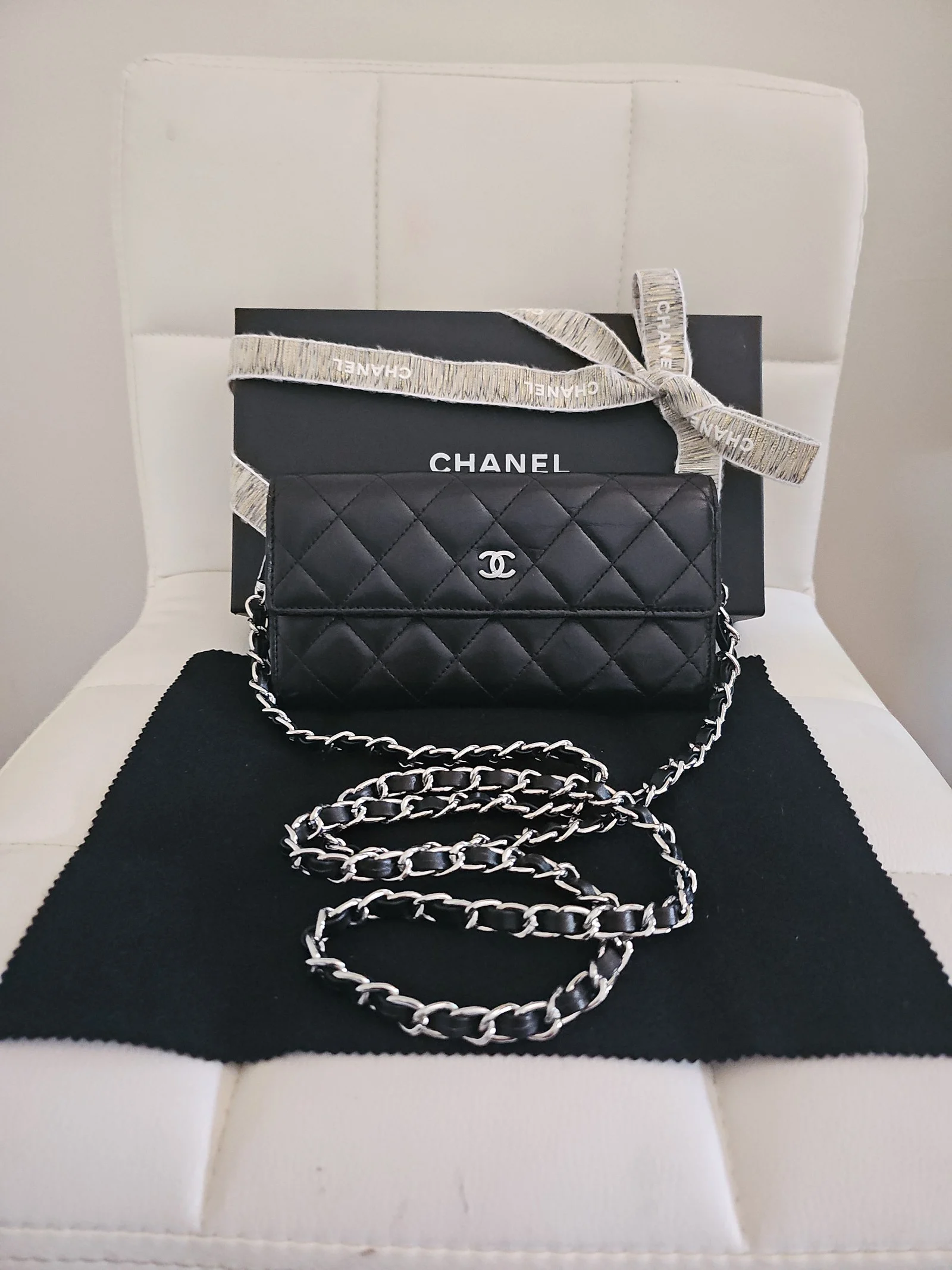 CHANEL Black Lambskin Quilted Long Wallet