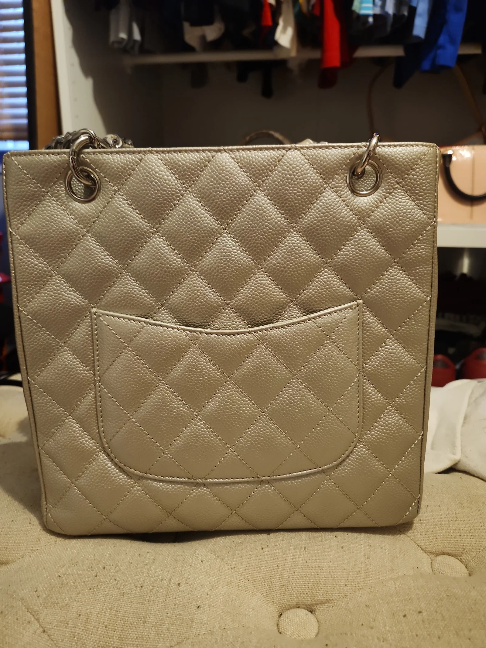 Chanel  Metallic Caviar Quilted Petit Shopping Tote PST Pearl