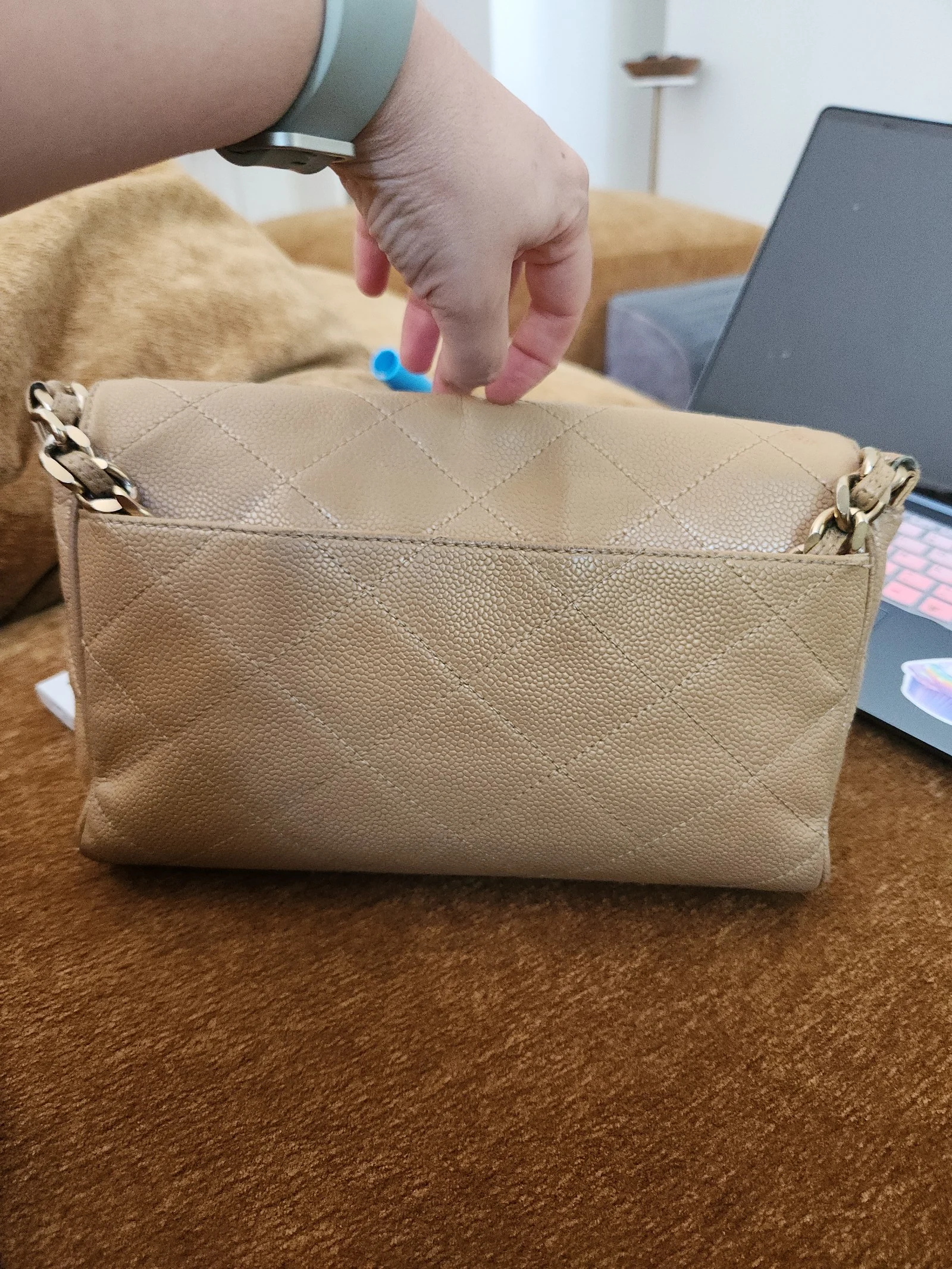 Authentic Chanel tan caviar chain shoulder bag