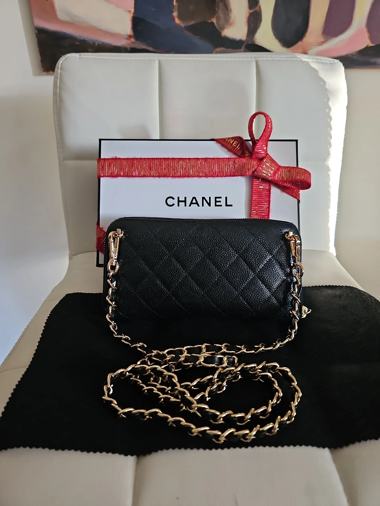 CHANEL Black Caviar Quilted Zip Around Wallet