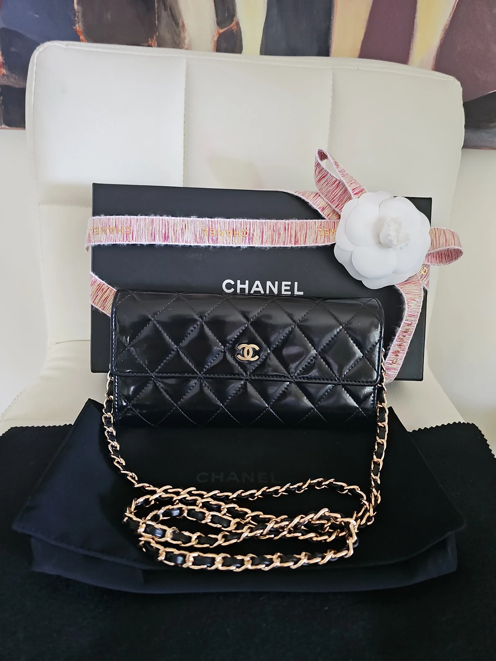 CHANEL Black Patent Leather Quilted Long Wallet