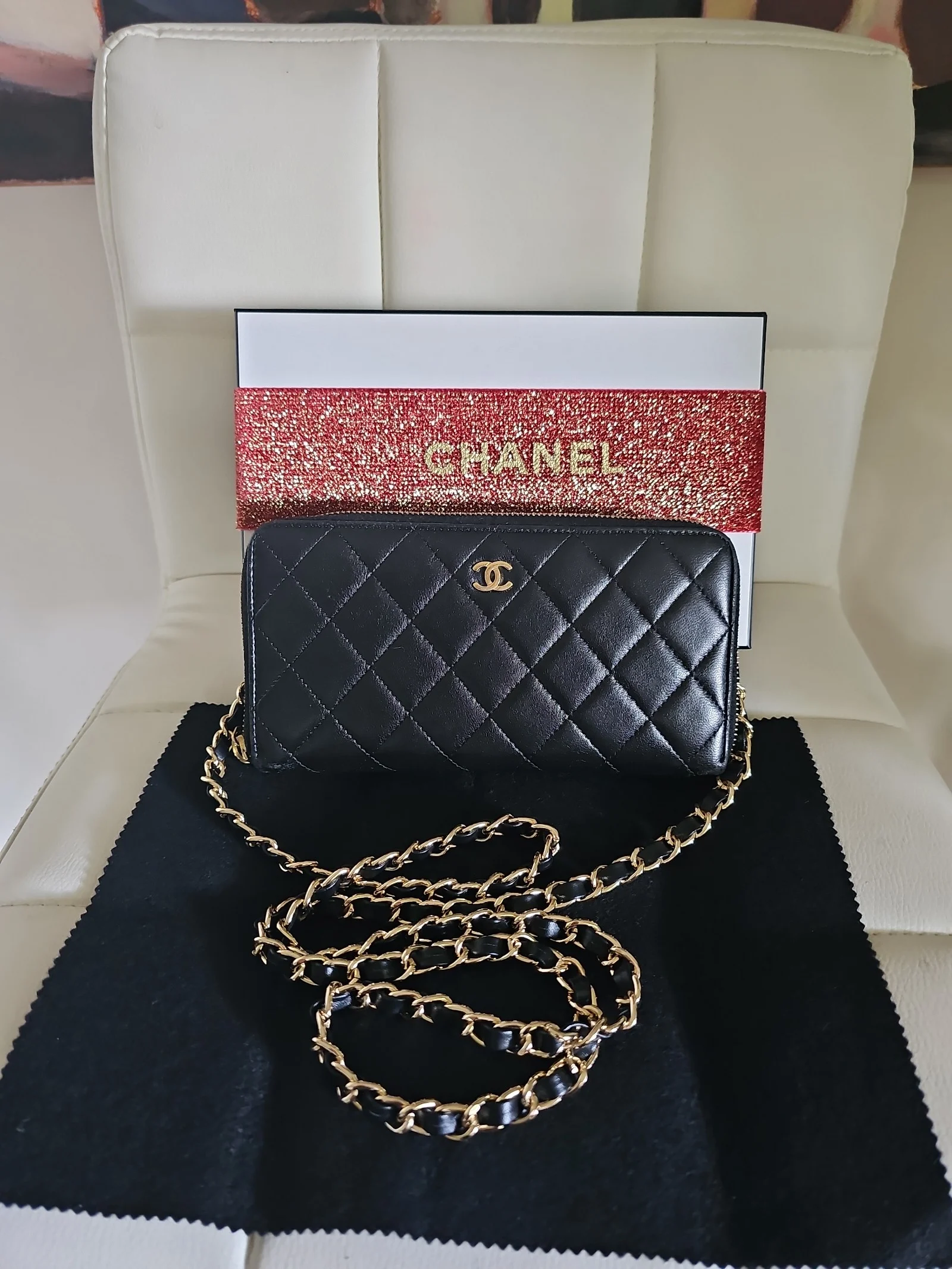 CHANEL Black Lambskin Quilted Zip Around Wallet