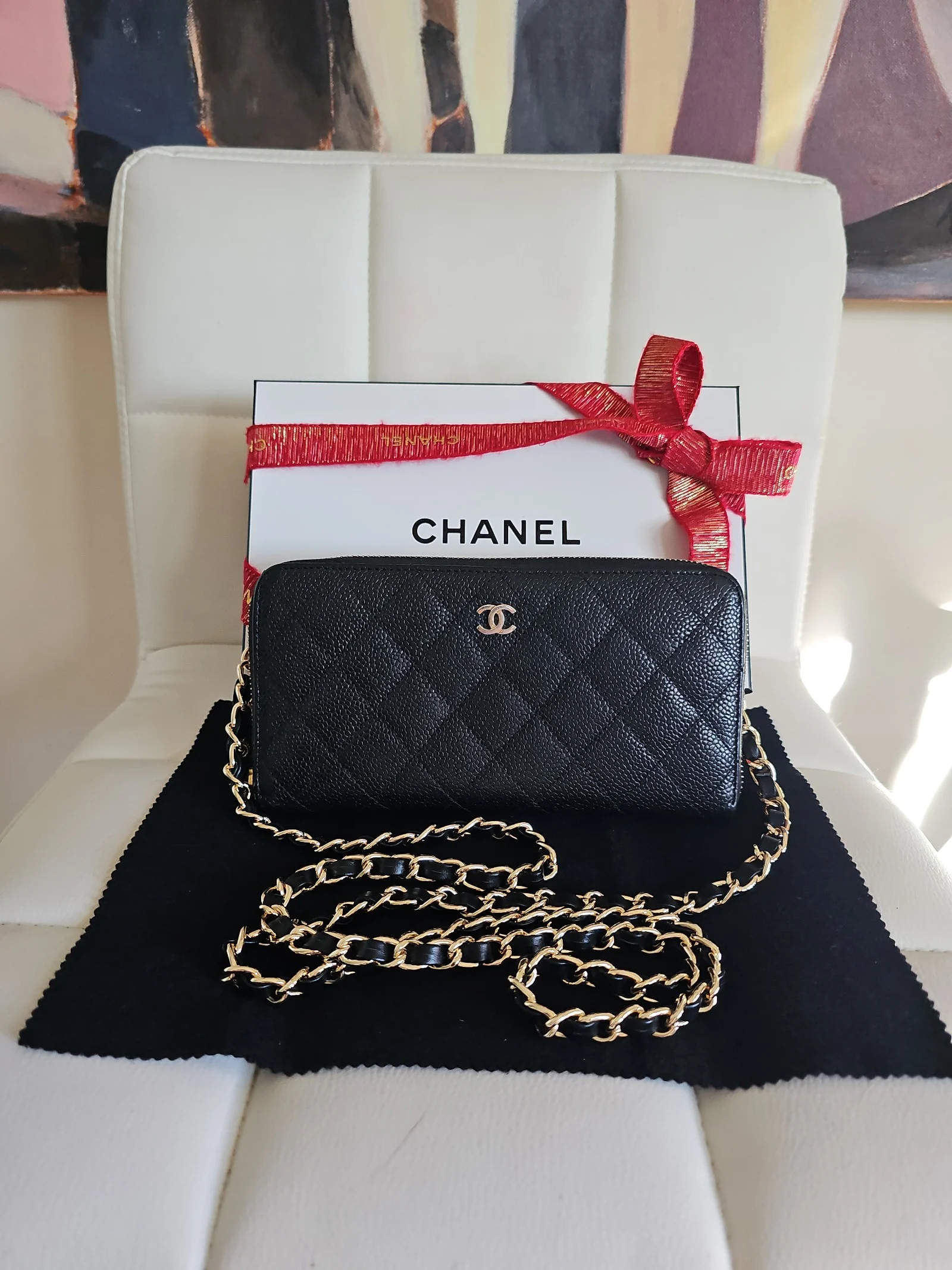 CHANEL Black Caviar Quilted Zip Around Wallet