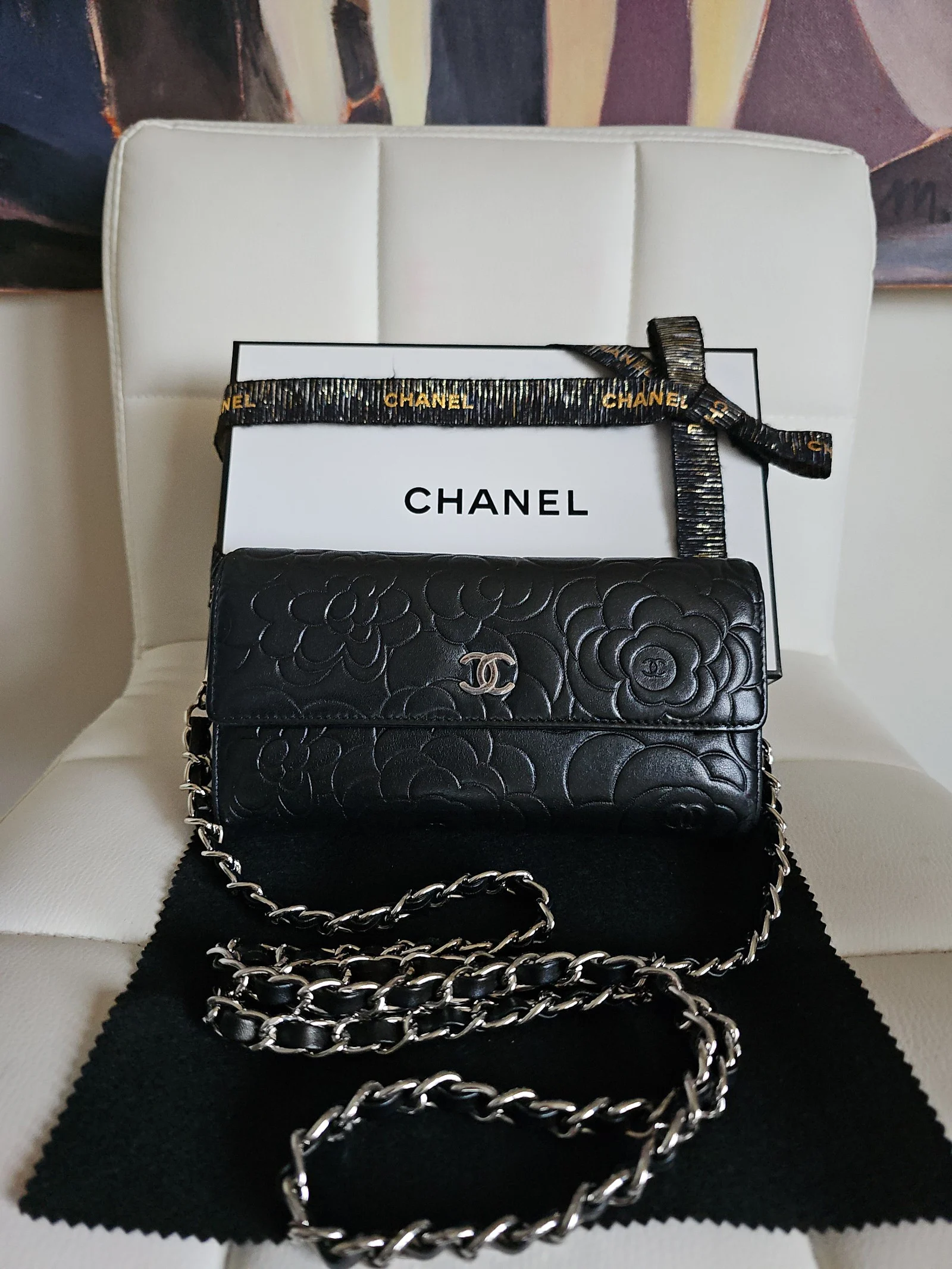 CHANEL Black Lambskin Camellia Embossed Wallet