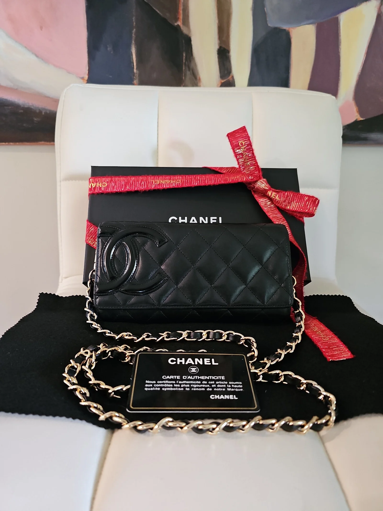 CHANEL Black Cafskin Quilted Cambon Gusset Flap Wallet