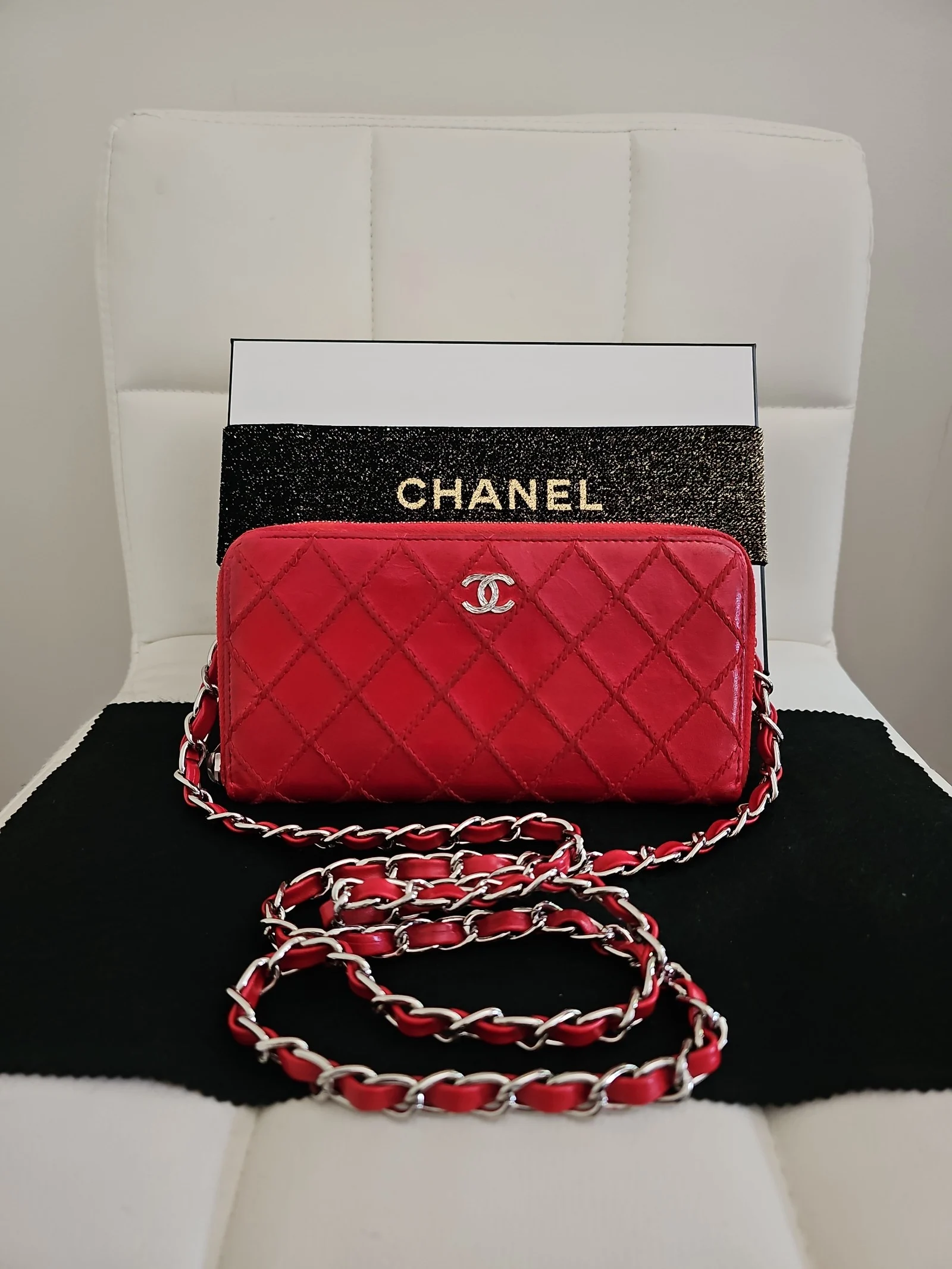 CHANEL Red Leather Quilted Zip Around Wallet