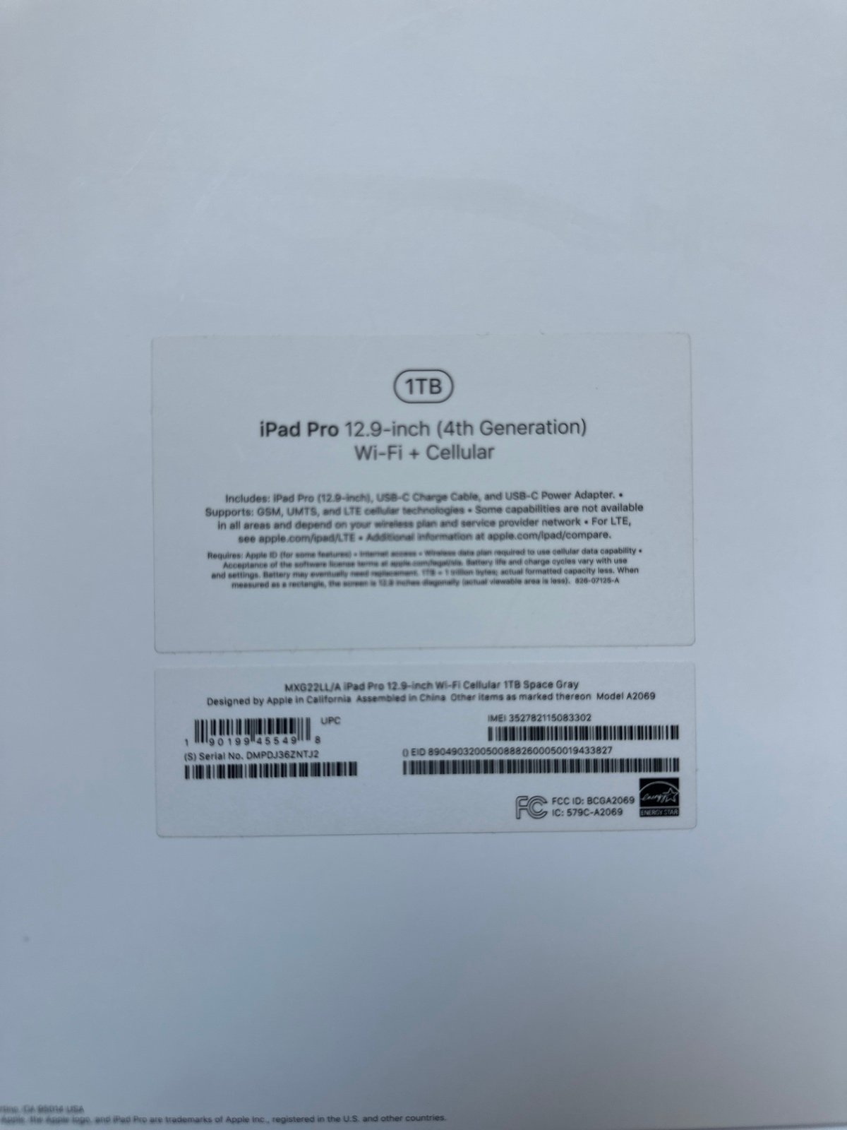 iPad Pro 12.9-inch 1 TB Wi-Fi + Cellular 4th gen UNLOCKED Space Grey 1Q83