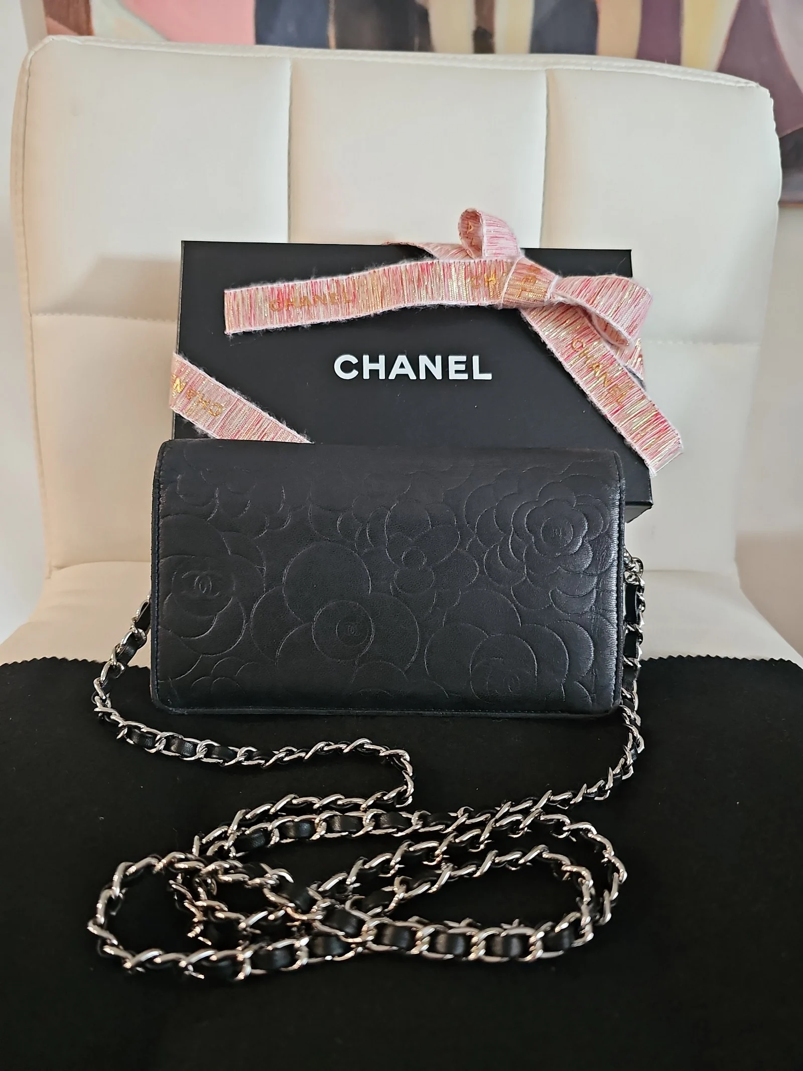 CHANEL Black Lambskin Camellia Embossed Wallet