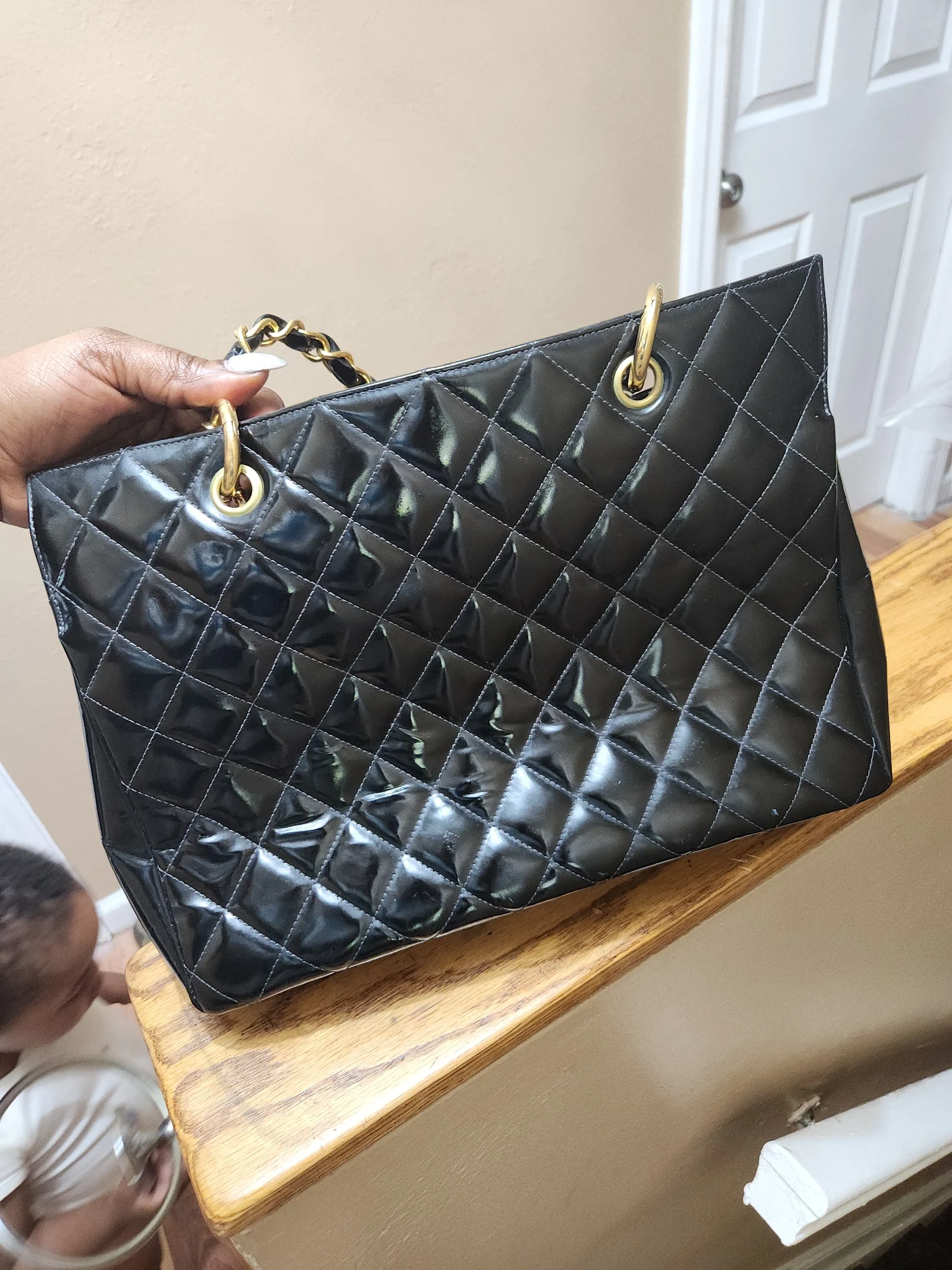 Patent Quilted Grand Shopping Tote GST Black