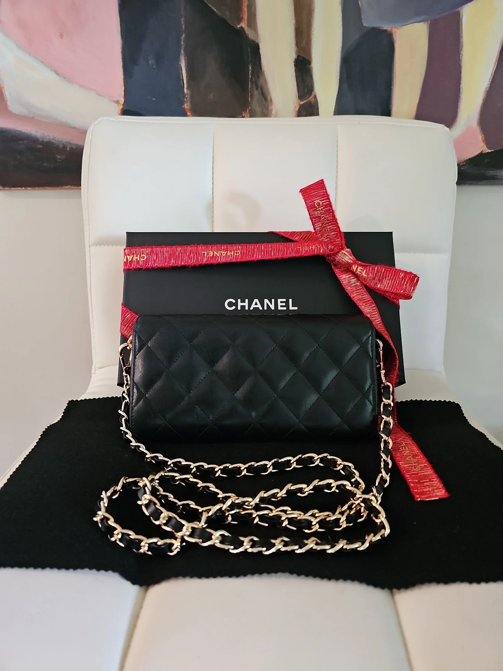 CHANEL Black Cafskin Quilted Cambon Gusset Flap Wallet
