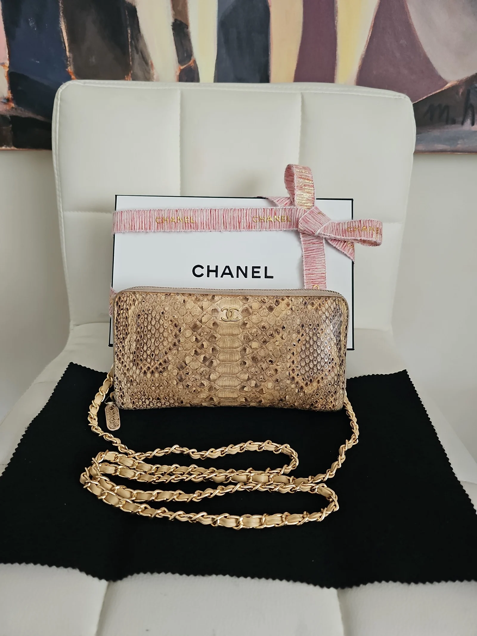 CHANEL Beige Python Leather Zip Around Wallet