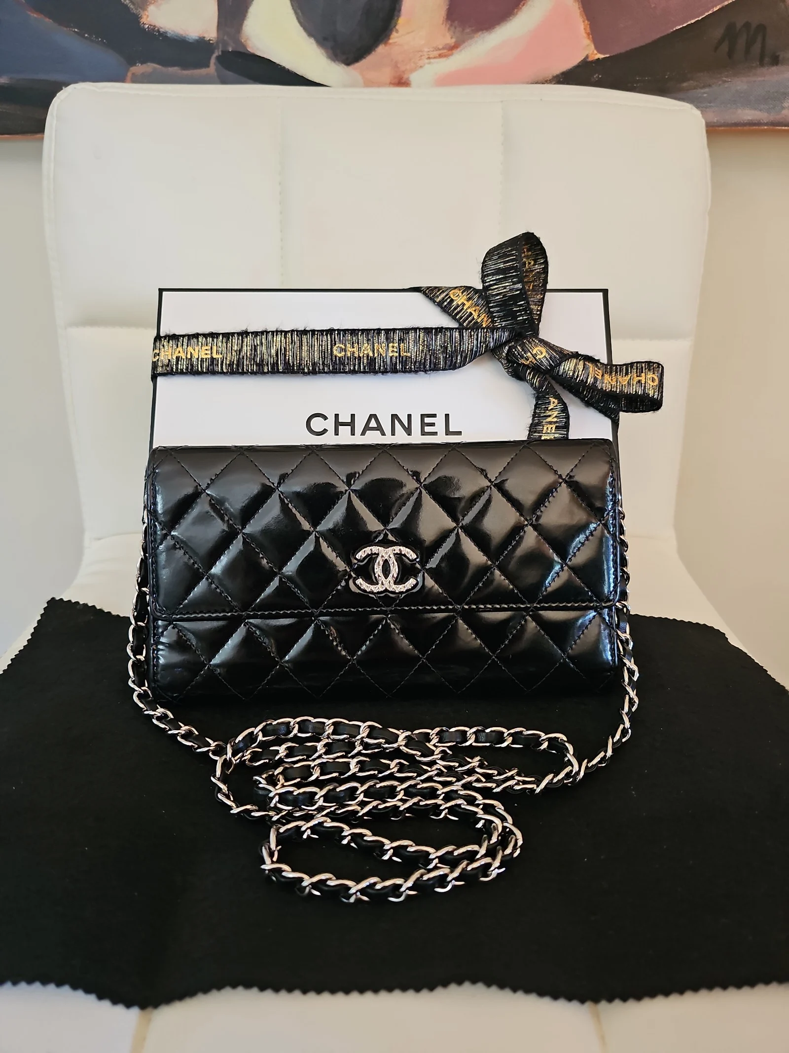 CHANEL Black Patent Leather Quilted Wallet