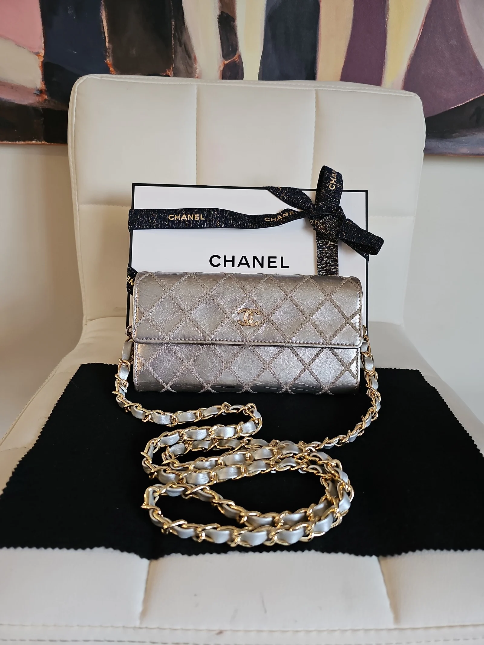 CHANEL Silver Leather Quilted Long Wallet