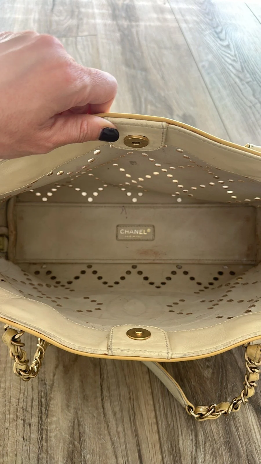 Authentic Chanel perforated patent leather tote yellow tan