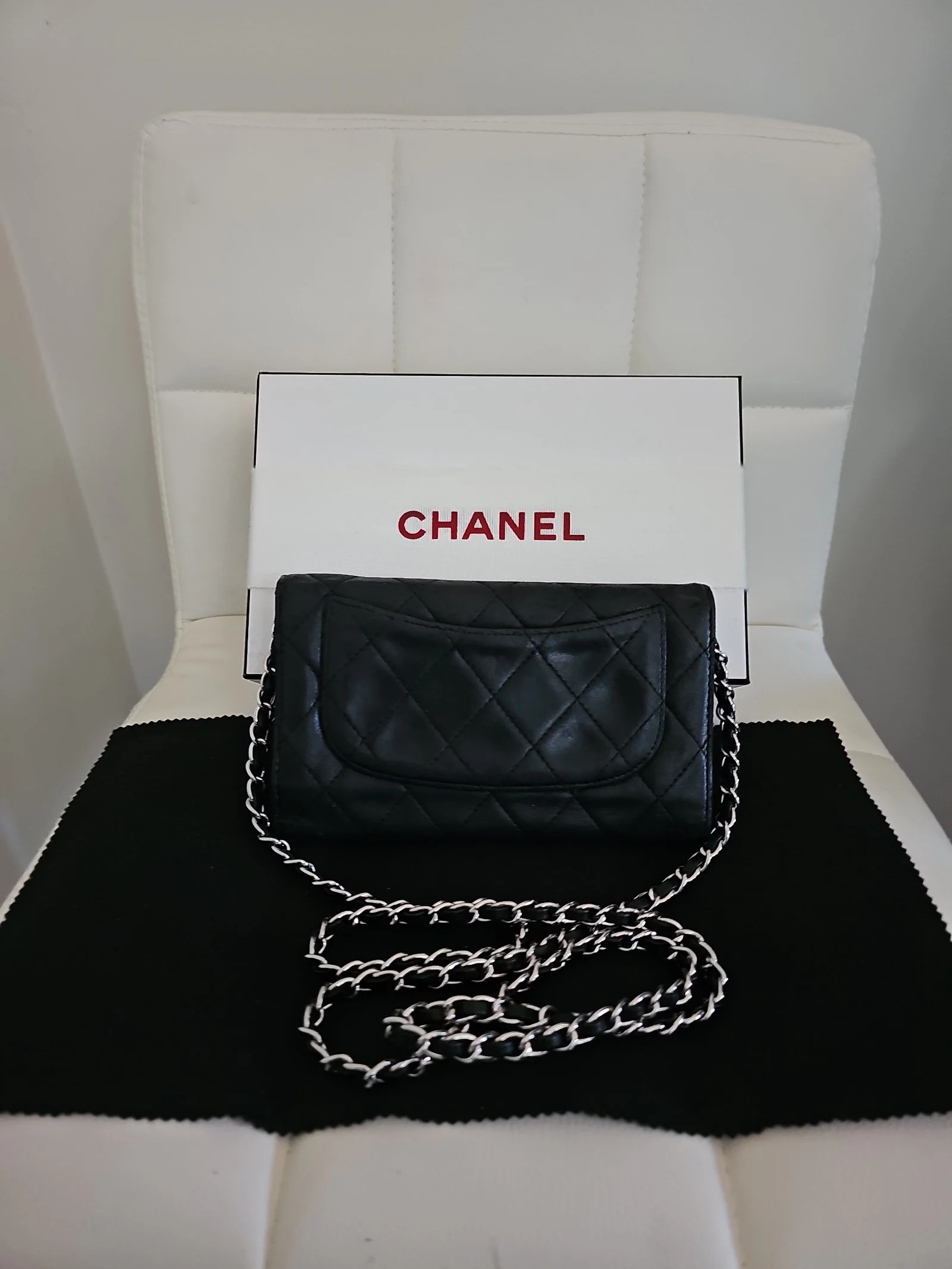 CHANEL Black Lambskin Quilted Large Gusset Flap Wallet
