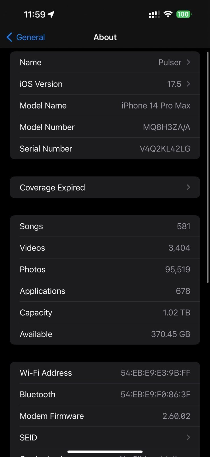 iPhone 14 Pro Max 1TB Unlocked - Graphite - 2 physical SIM Cards 87% battery 9E52