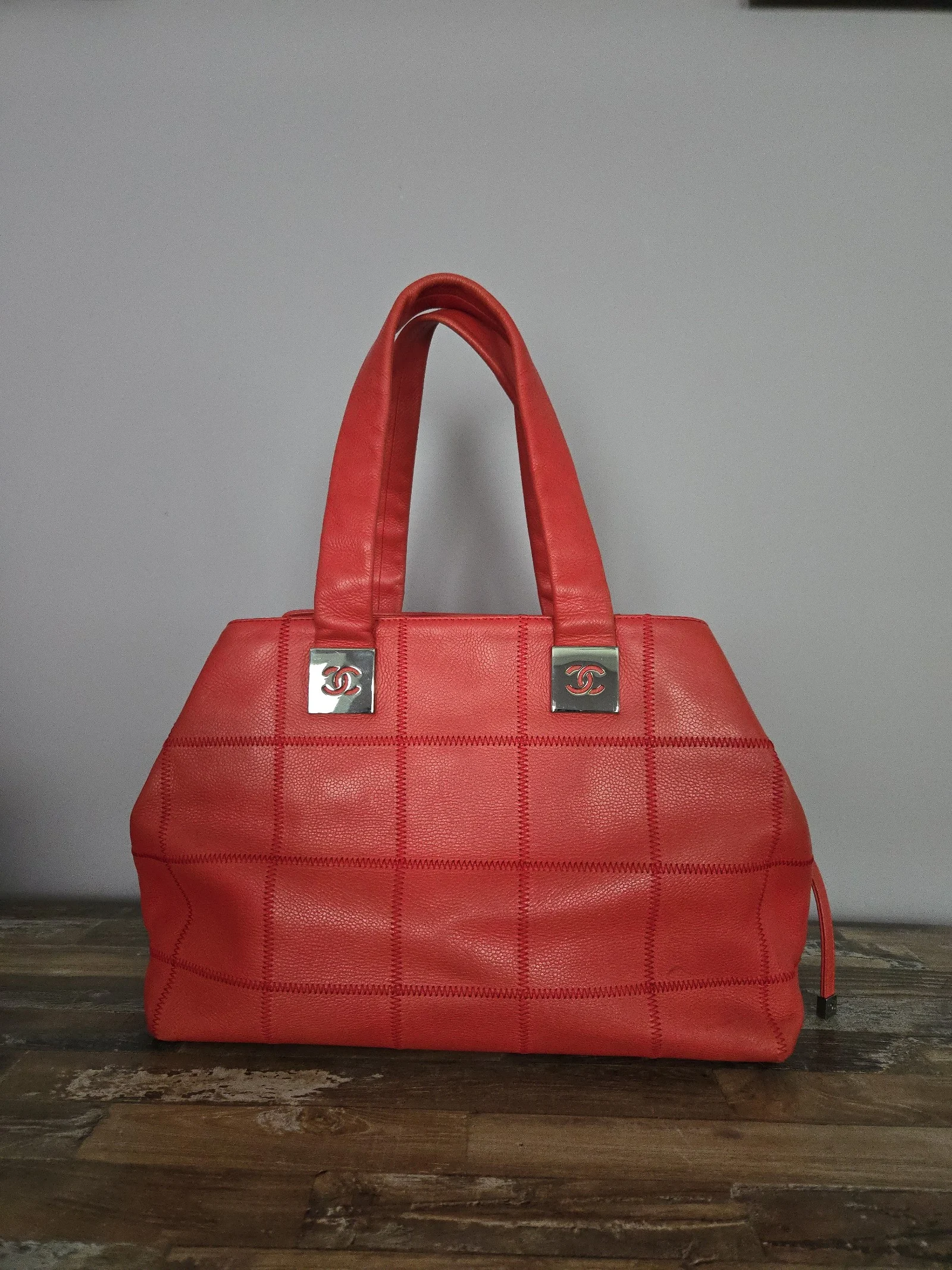 Vintage Chanel RED Square Quilted Leather Bowling Satchel
