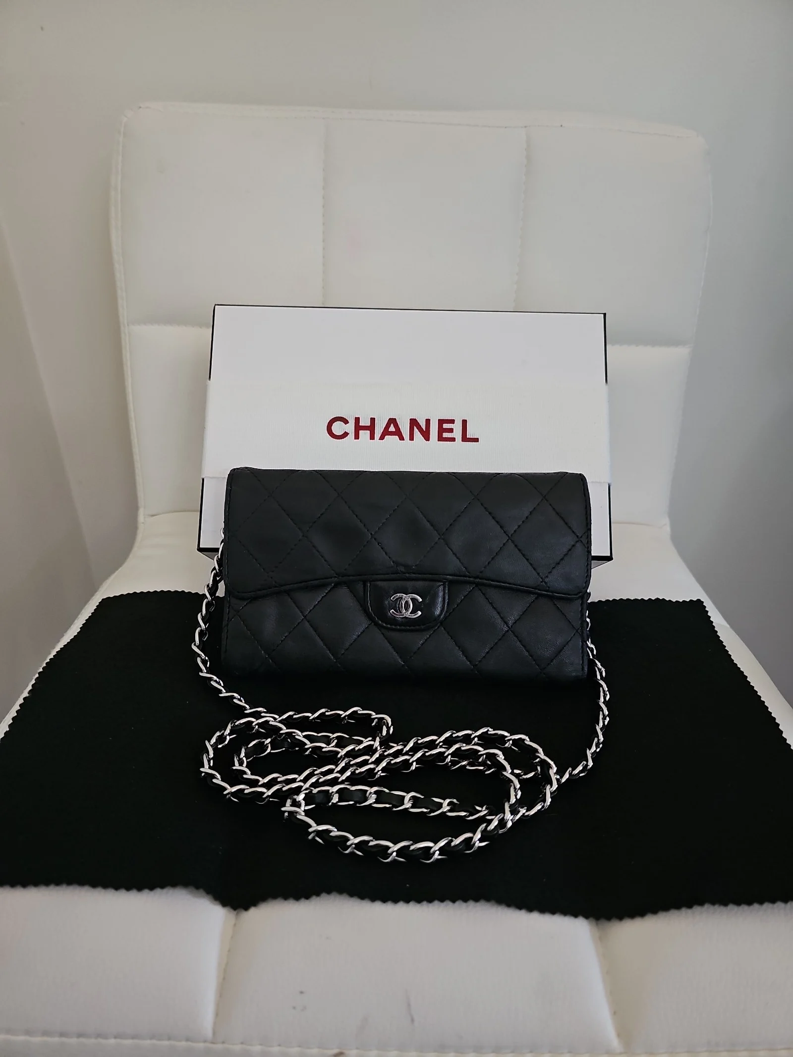 CHANEL Black Lambskin Quilted Large Gusset Flap Wallet