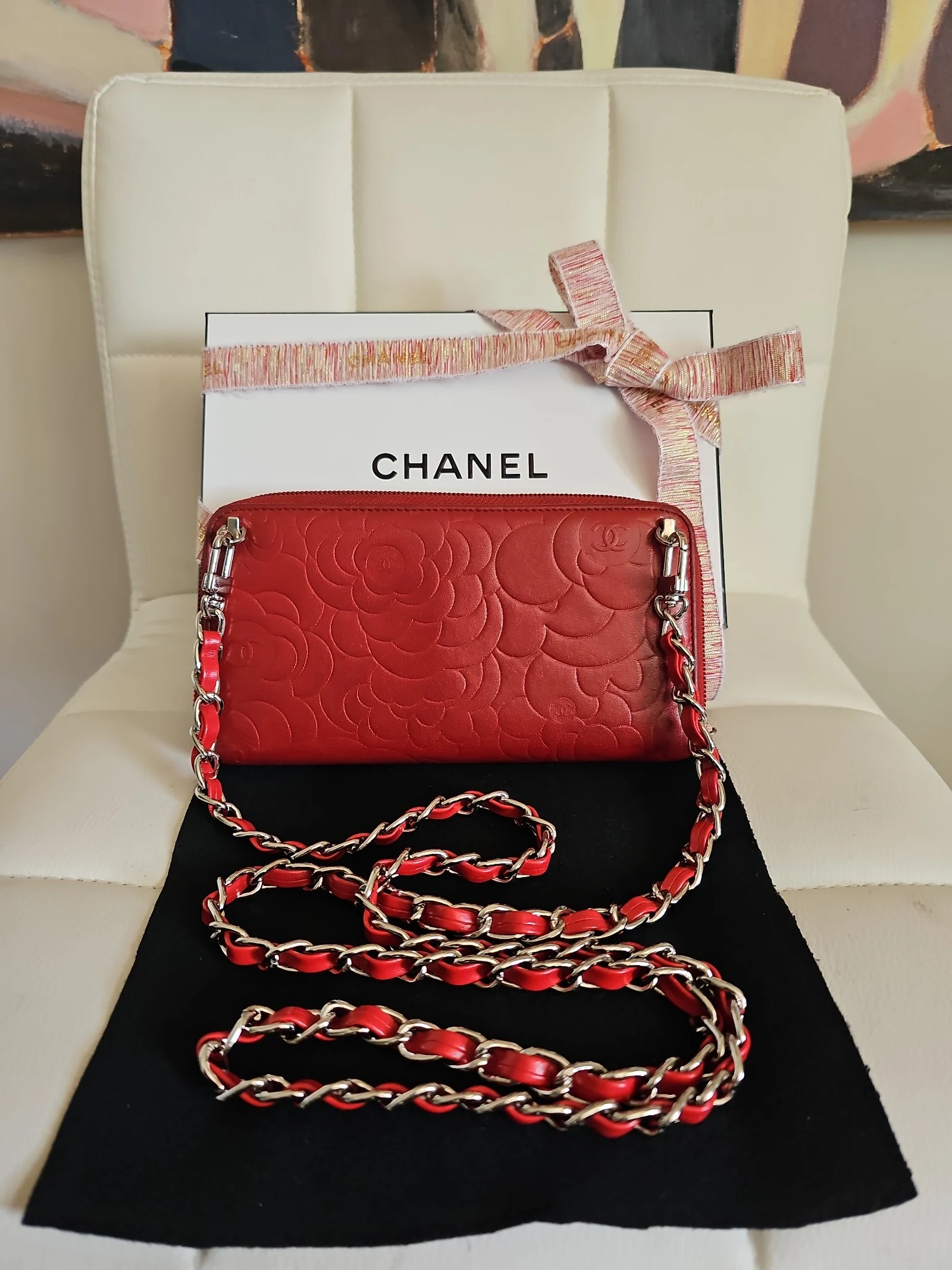CHANEL Red Lambskin Leather Zip Around Wallet