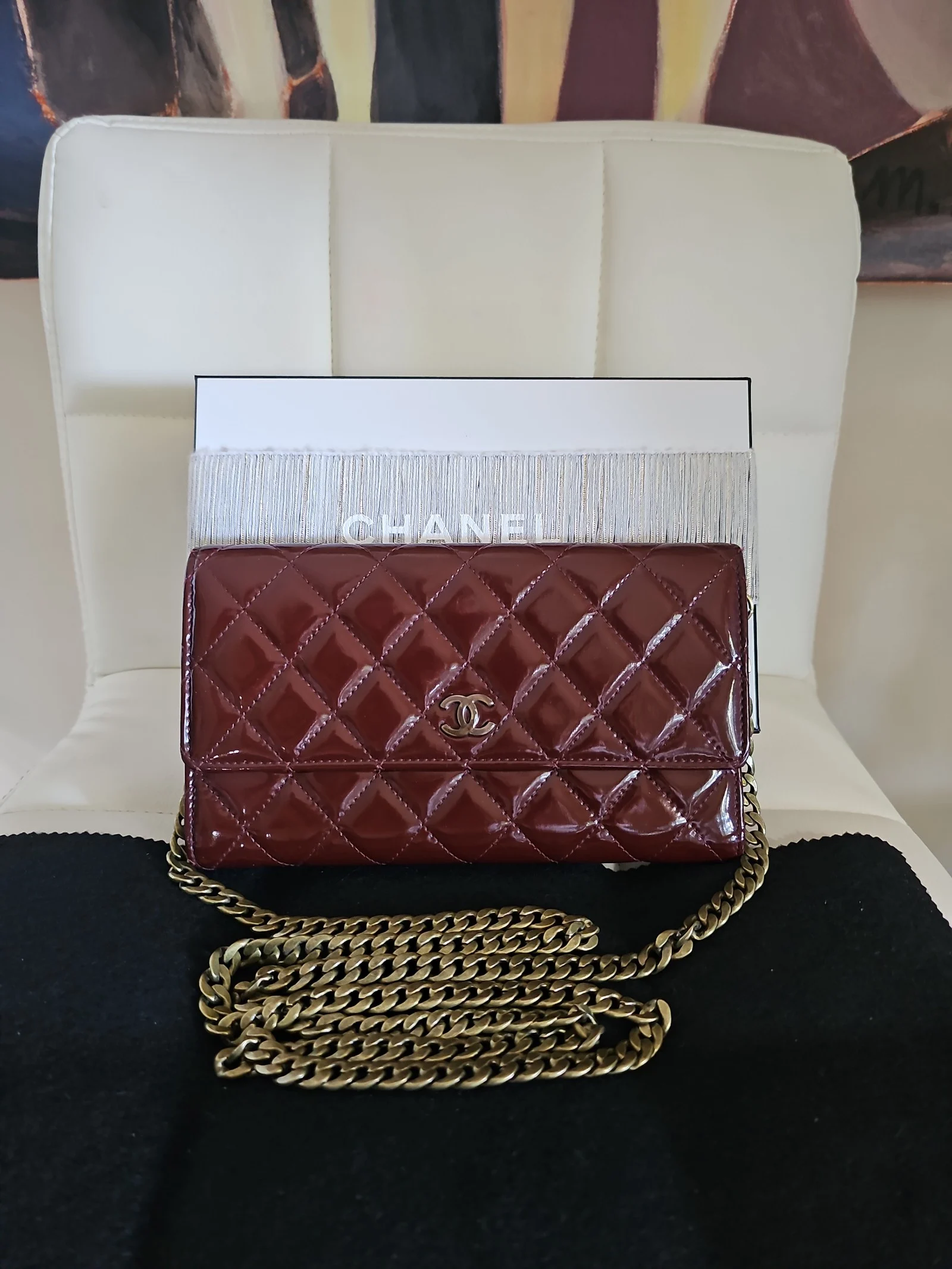 CHANEL Burgundy Quilted  Patent Leather Wallet