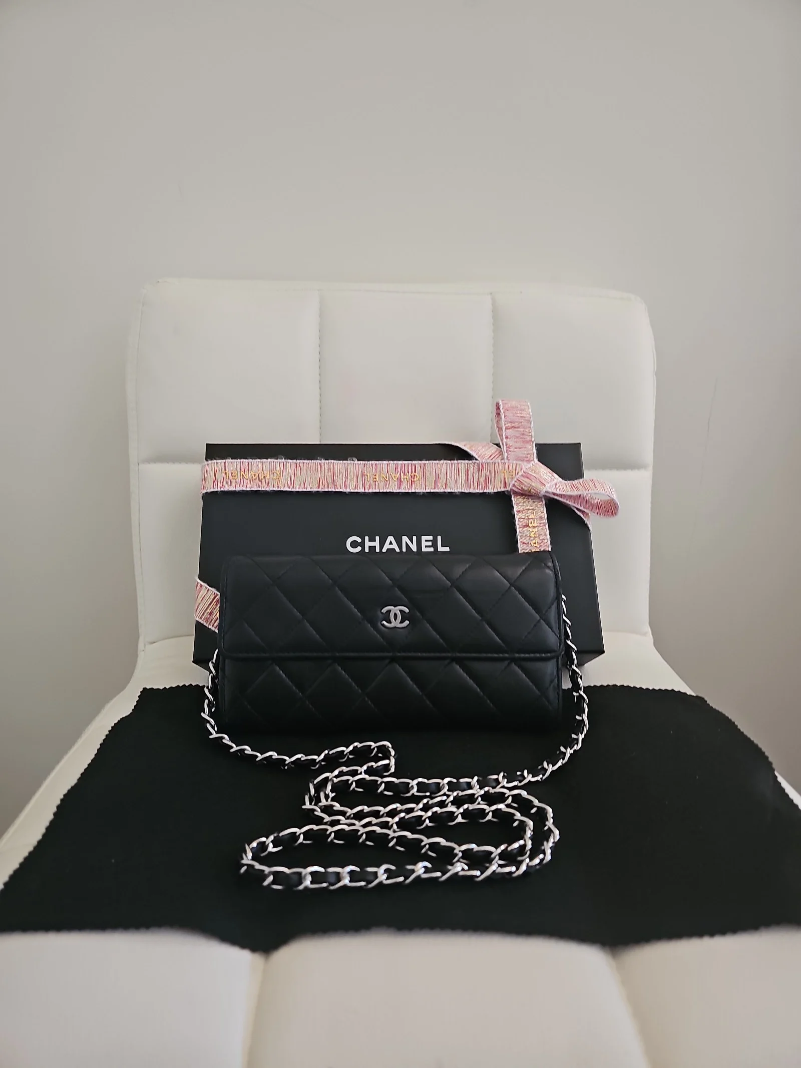 CHANEL Black Lambskin Quilted Long Wallet