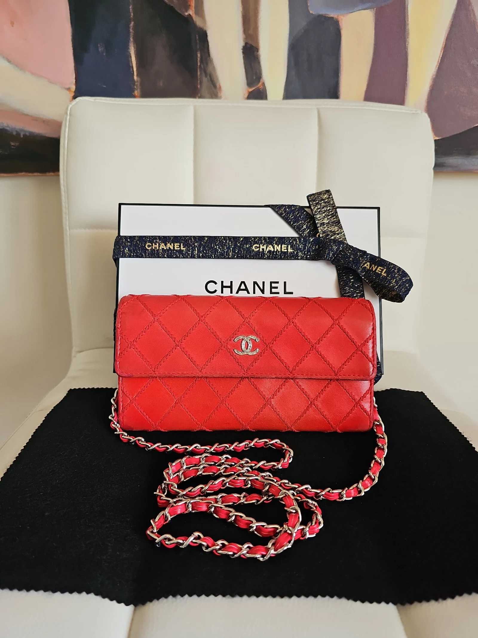 CHANEL Red Leather Quilted Long Wallet