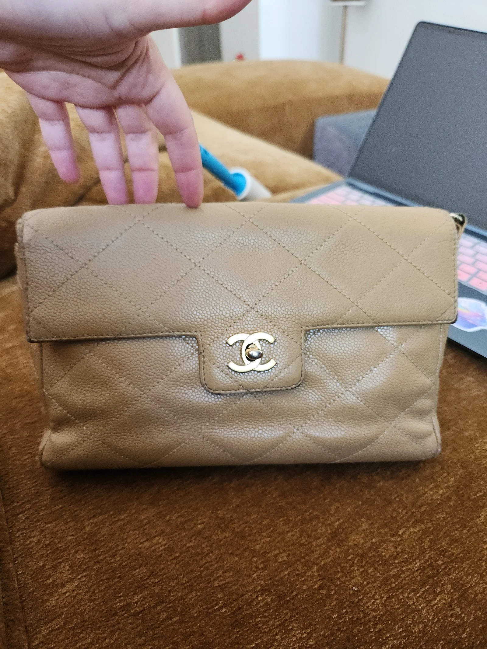 Authentic Chanel tan caviar chain shoulder bag