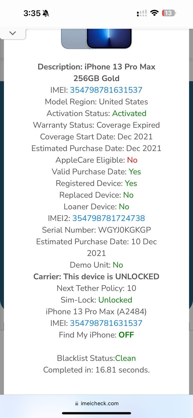 iPhone 13 Pro Max 256GB Gold UNLOCKED CLEAN IMEI 7K98
