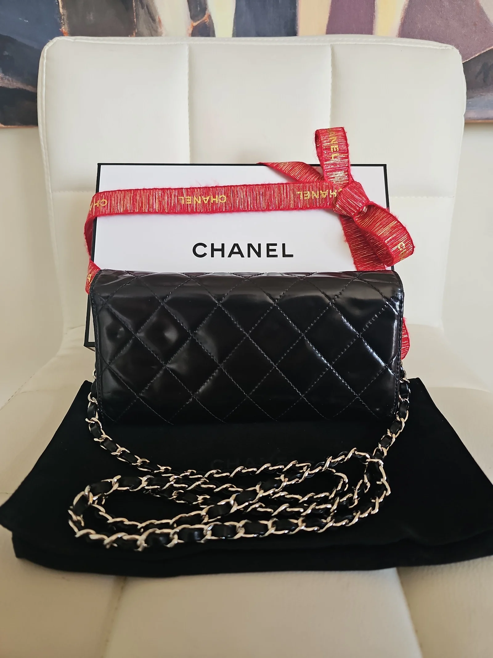 CHANEL Black Patent Leather Quilted Long Wallet