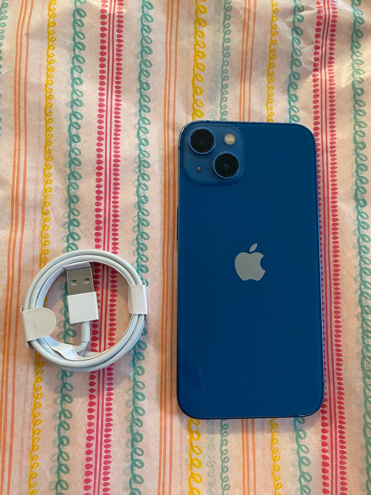 Unlocked Apple iPhone 13 Blue with lightning charger cord 3V36