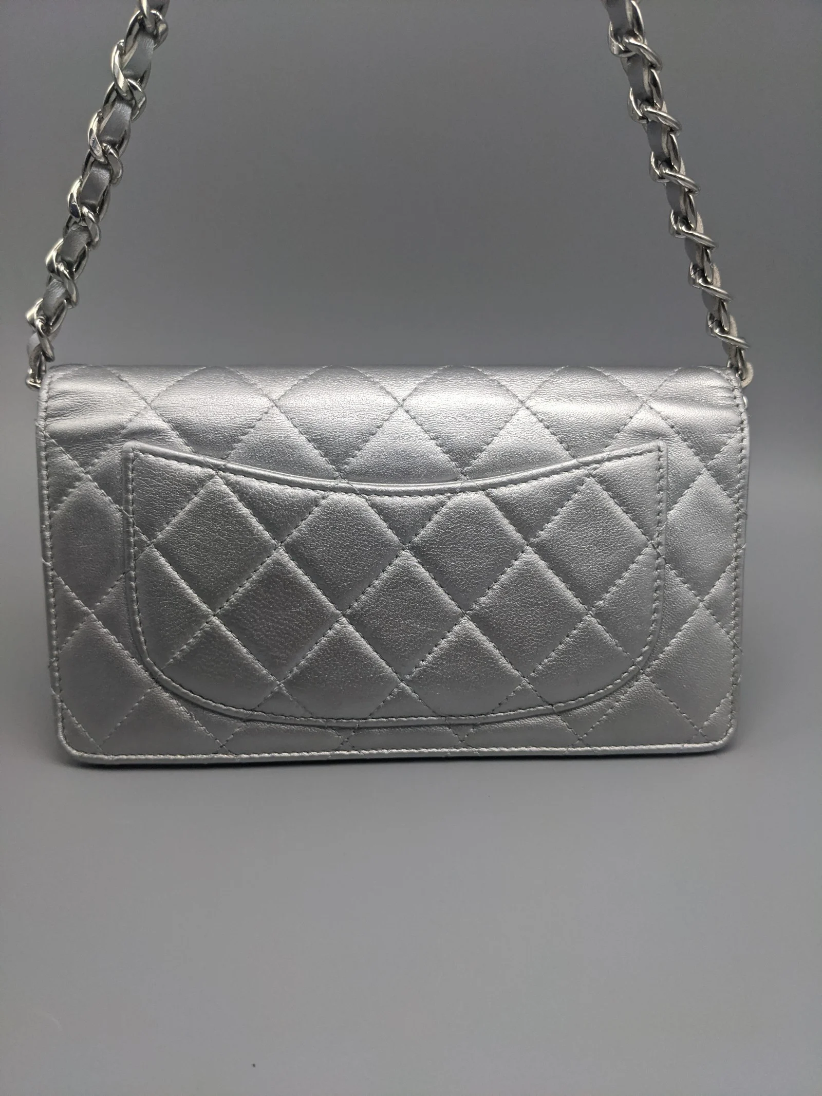 Chanel Metallic Silver Lambskin Leather CC Long Full Flap Bag Wallet