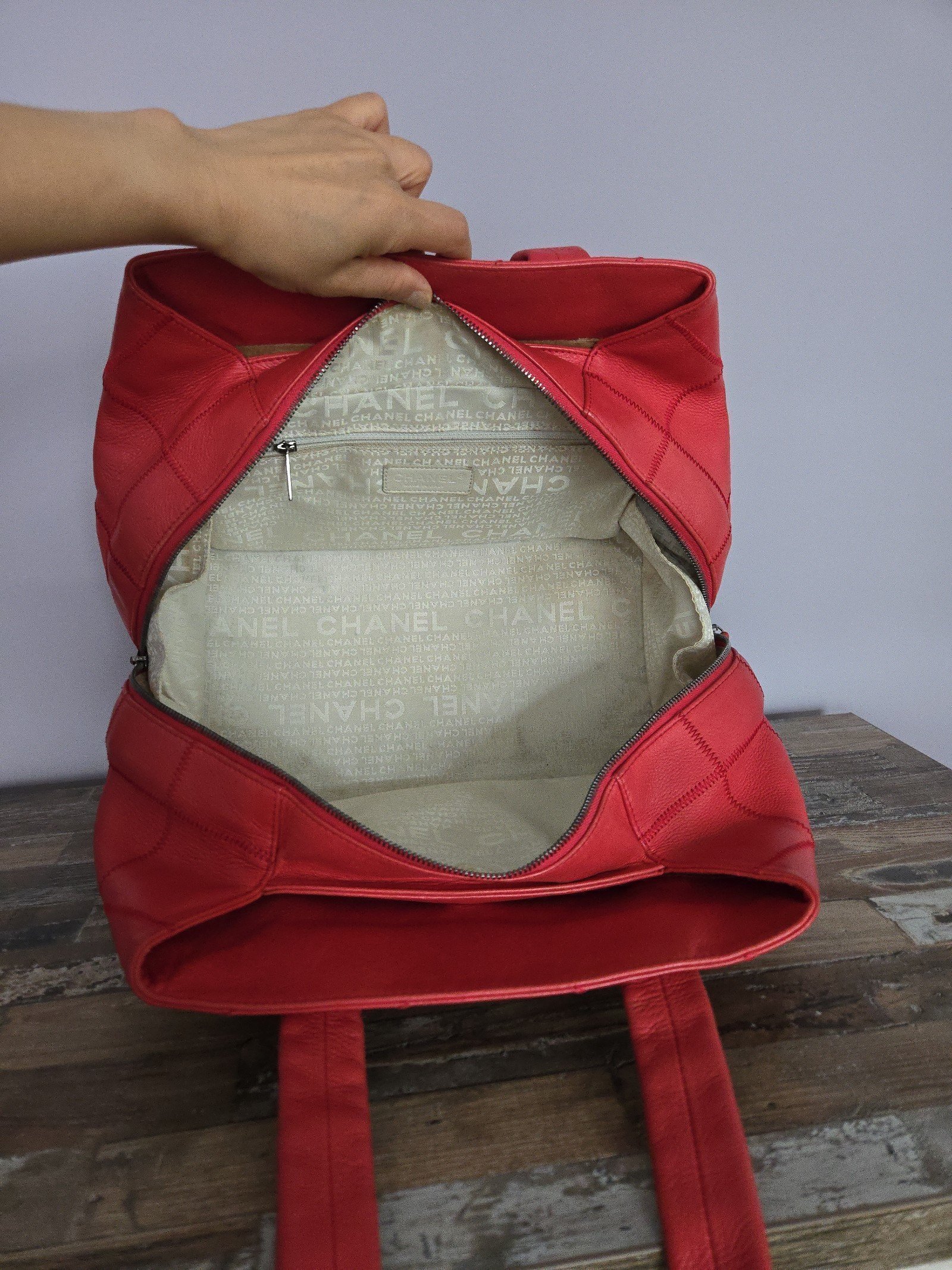 Vintage Chanel RED Square Quilted Leather Bowling Satchel