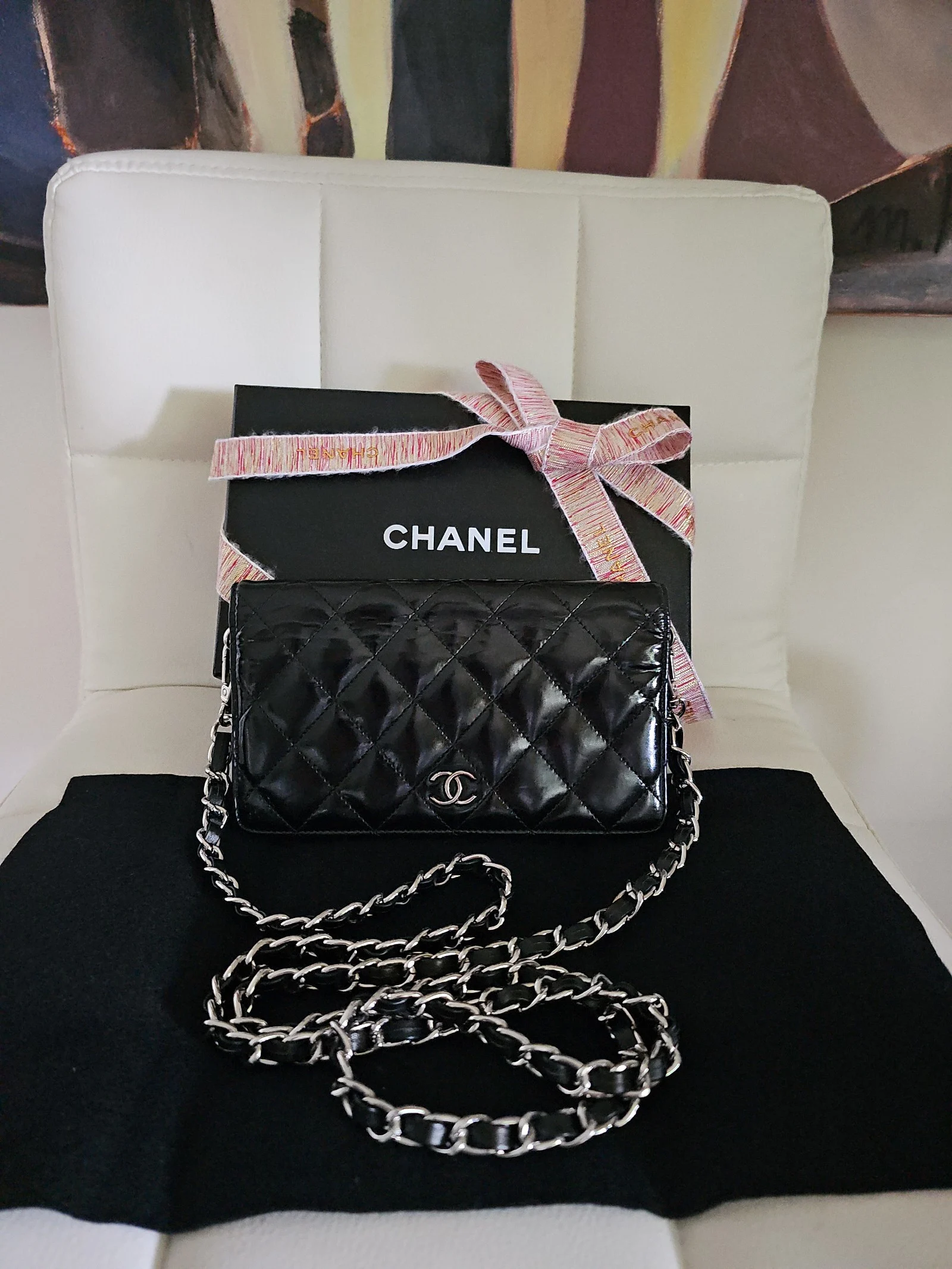 CHANEL Black Patent Leather Quilted Wallet