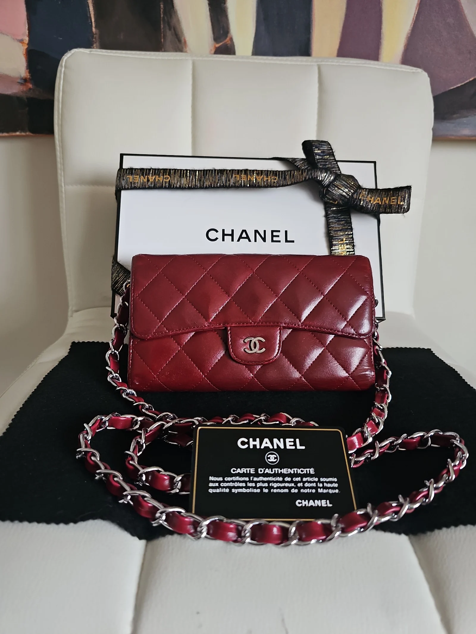 CHANEL Burgundy Leather Quilted Large Gusset Flap Wallet