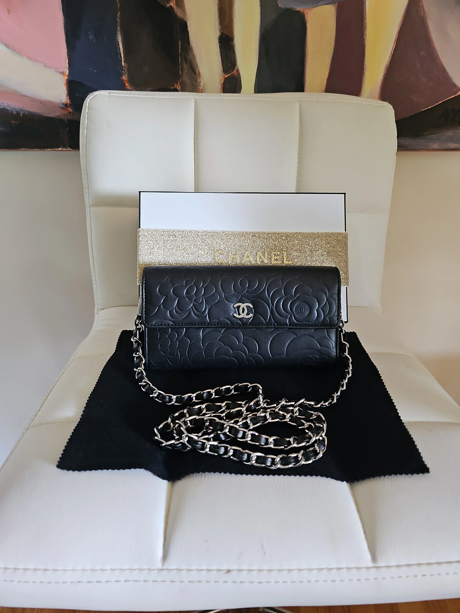 CHANEL Black Lambskin Camellia Embossed Wallet
