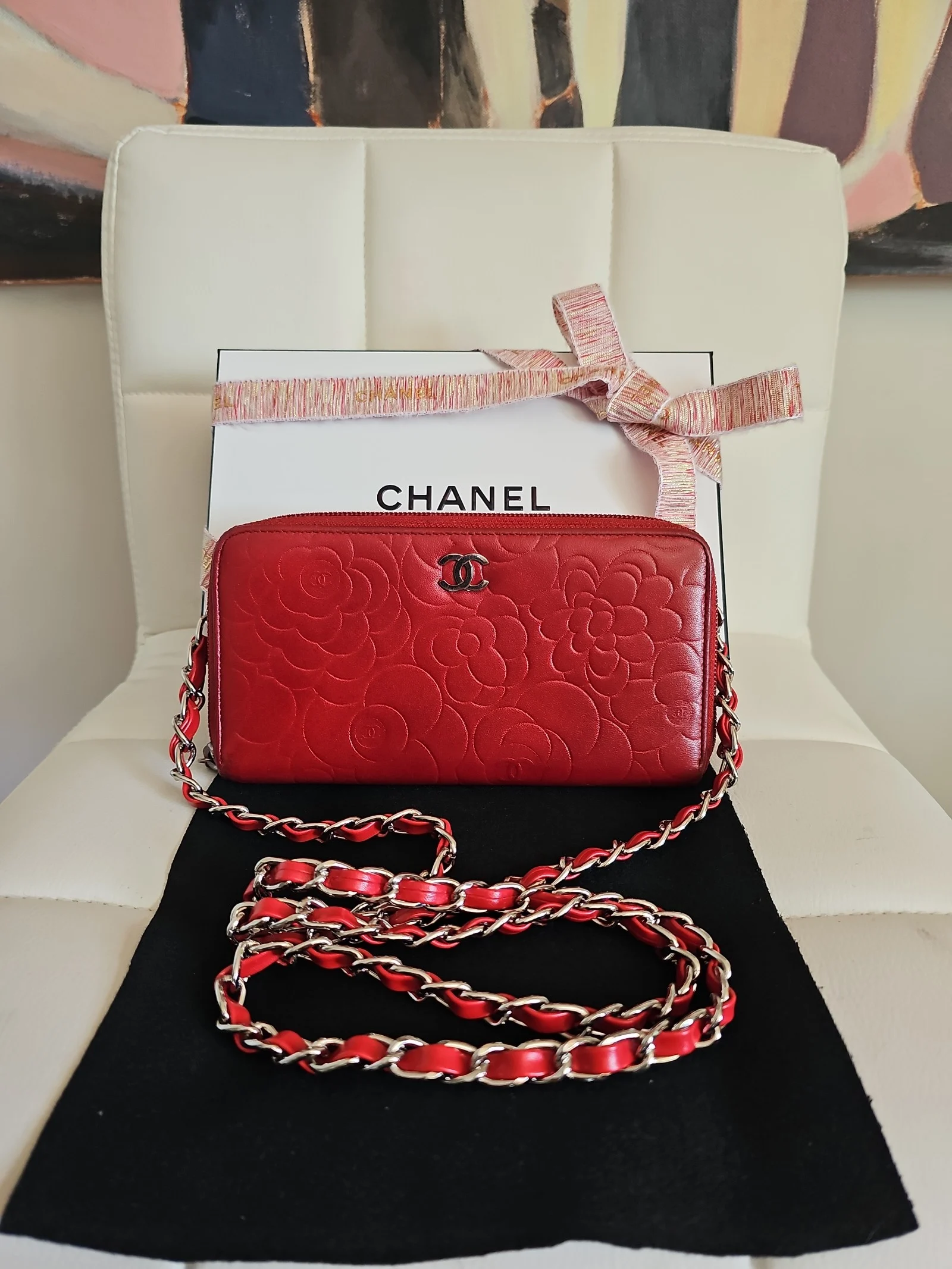 CHANEL Red Lambskin Leather Zip Around Wallet