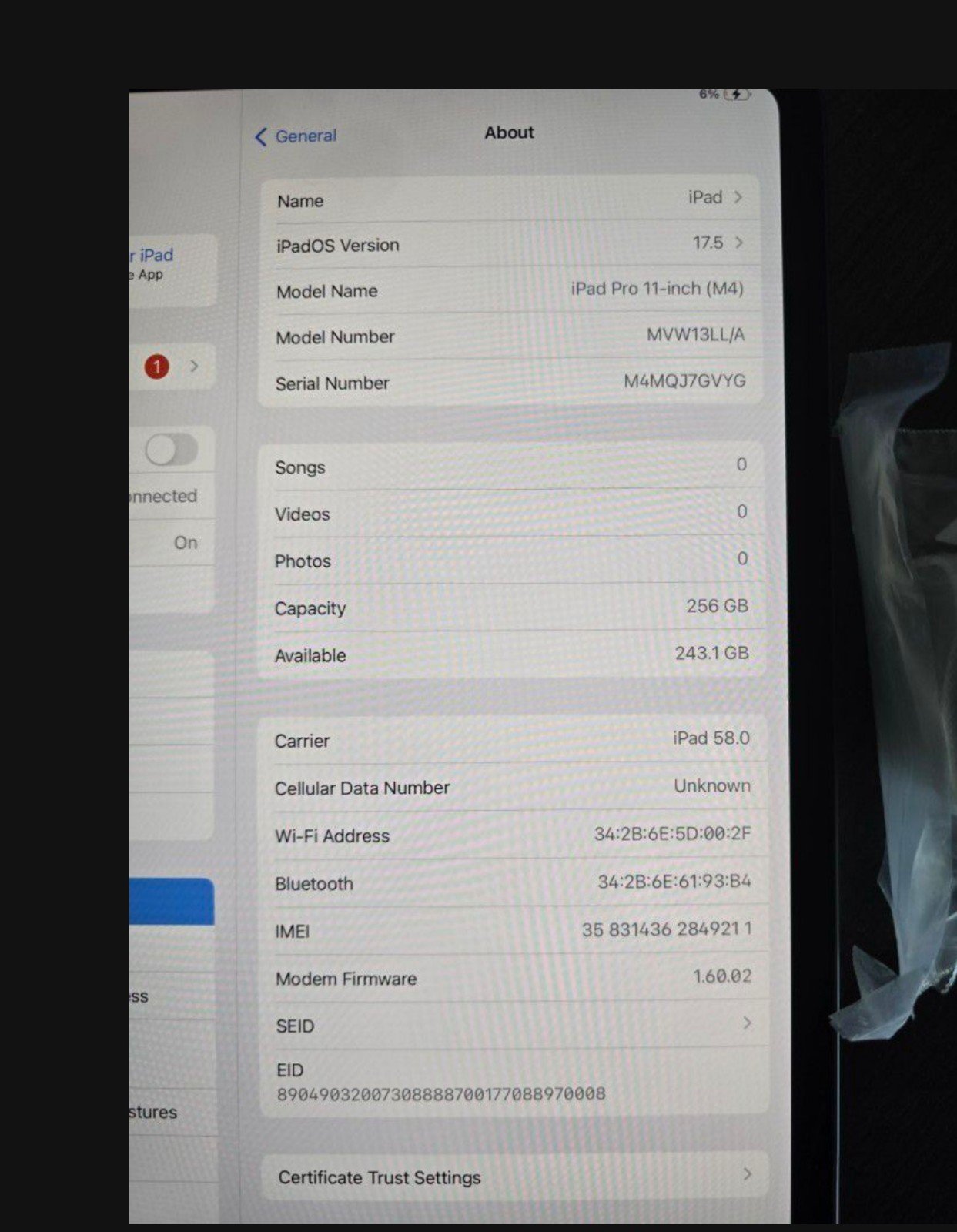 iPad Pro M4 11in Cellular edition 256gb 8F78