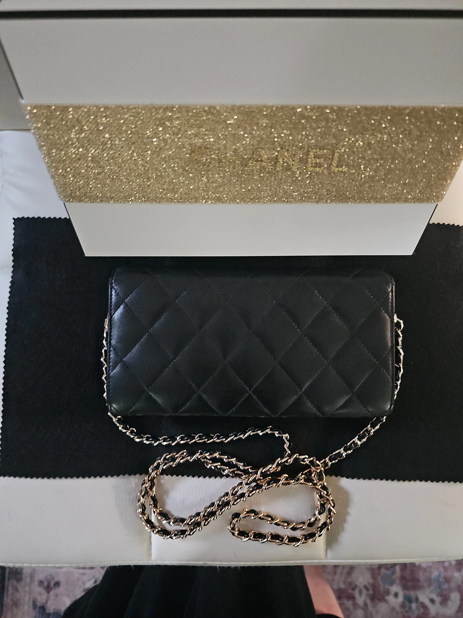 CHANEL Black Cafskin Quilted Cambon Gusset Flap Wallet