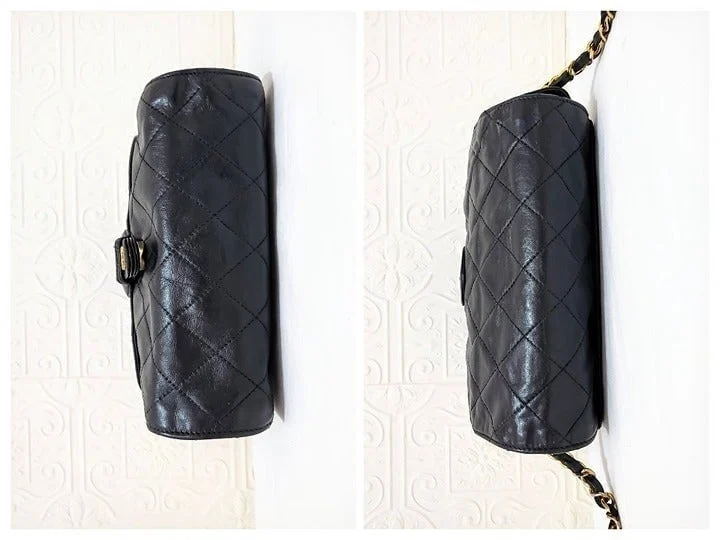 Auth CHANEL Quilted Matelasse Black Gold CC Logo Lambskin Shoulder Crossbody Bag