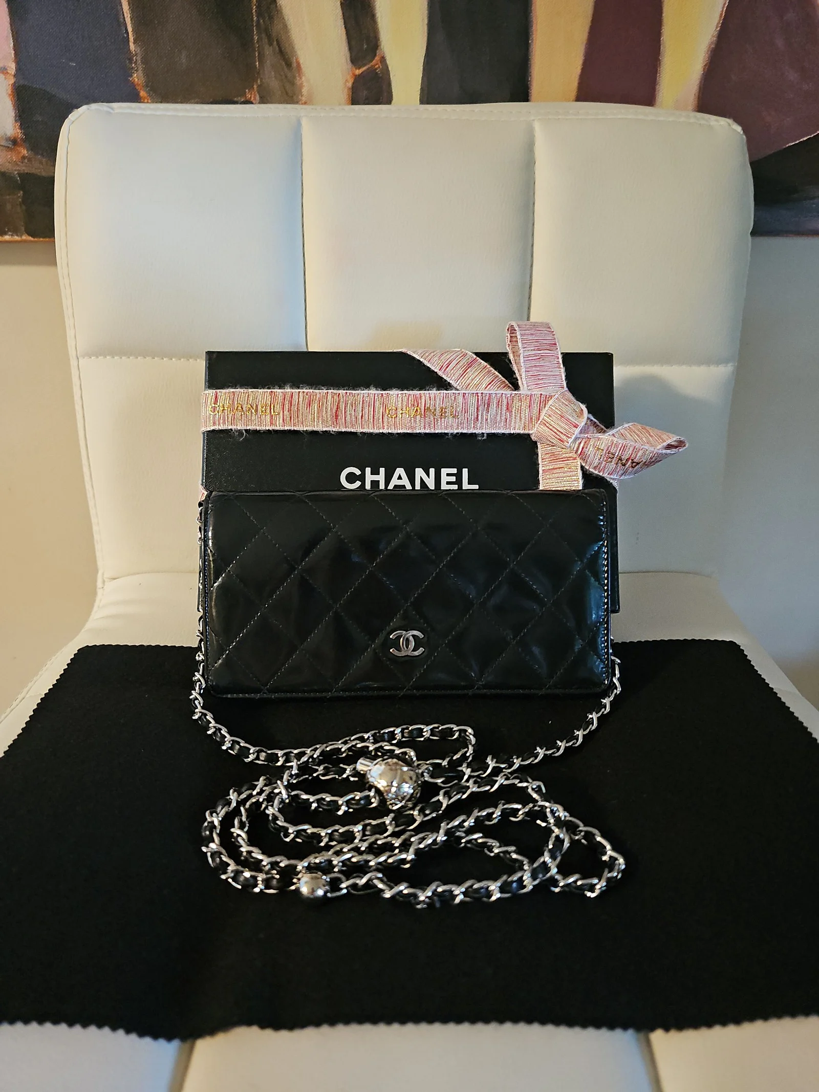 CHANEL Black Patent Leather Quilted Wallet