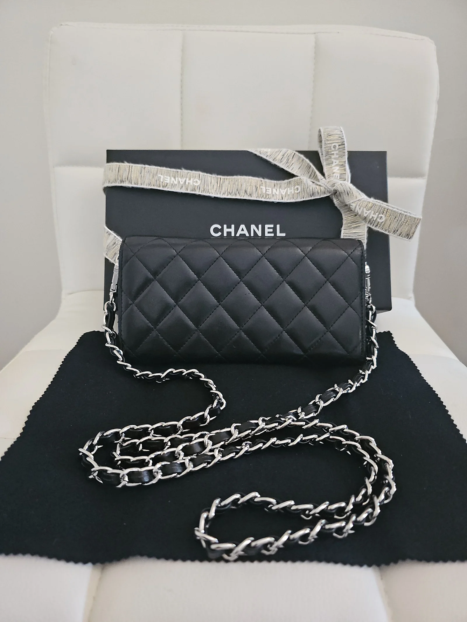 CHANEL Black Lambskin Quilted Long Wallet