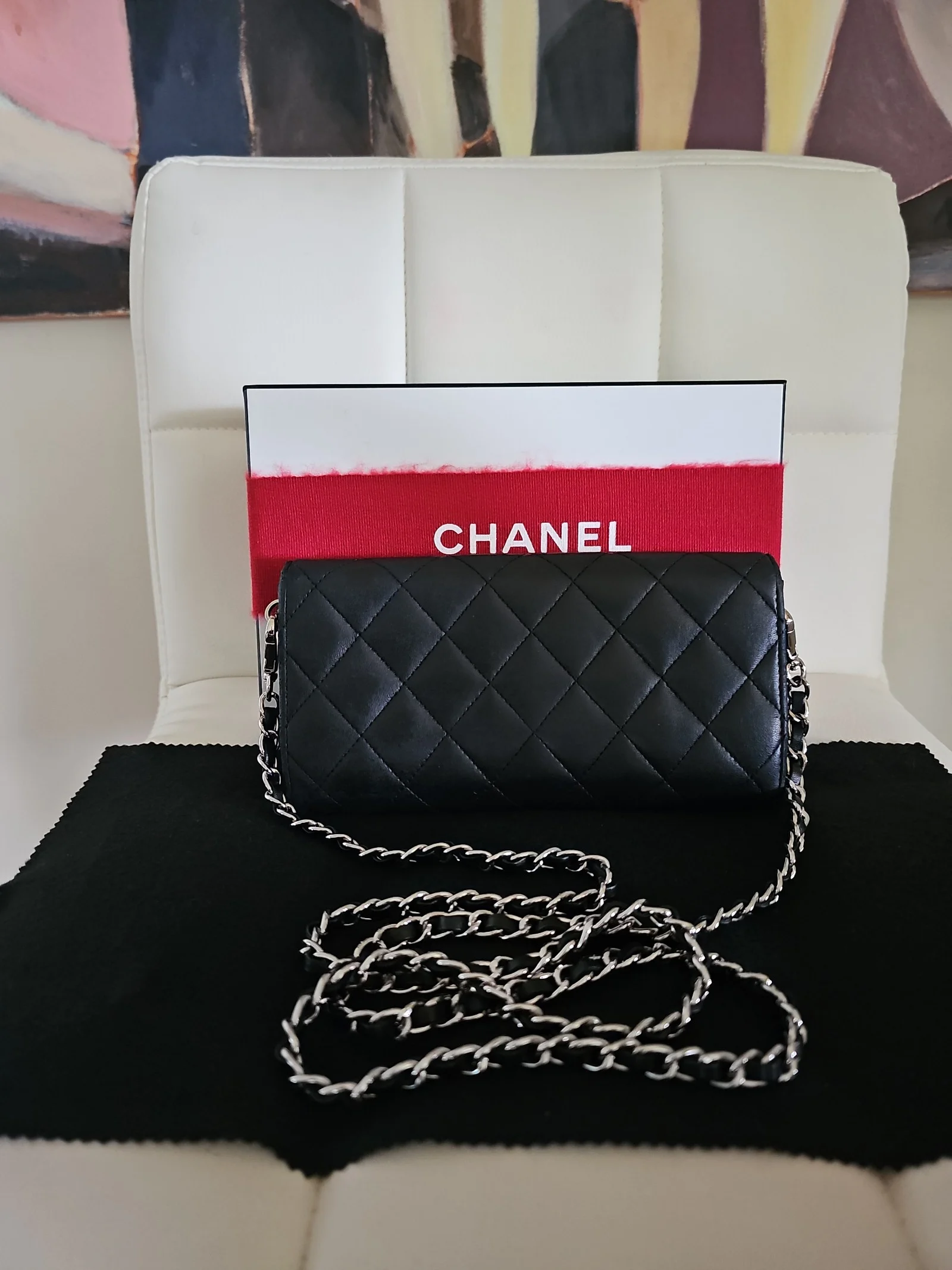 CHANEL Black Lambskin Quilted Long Wallet