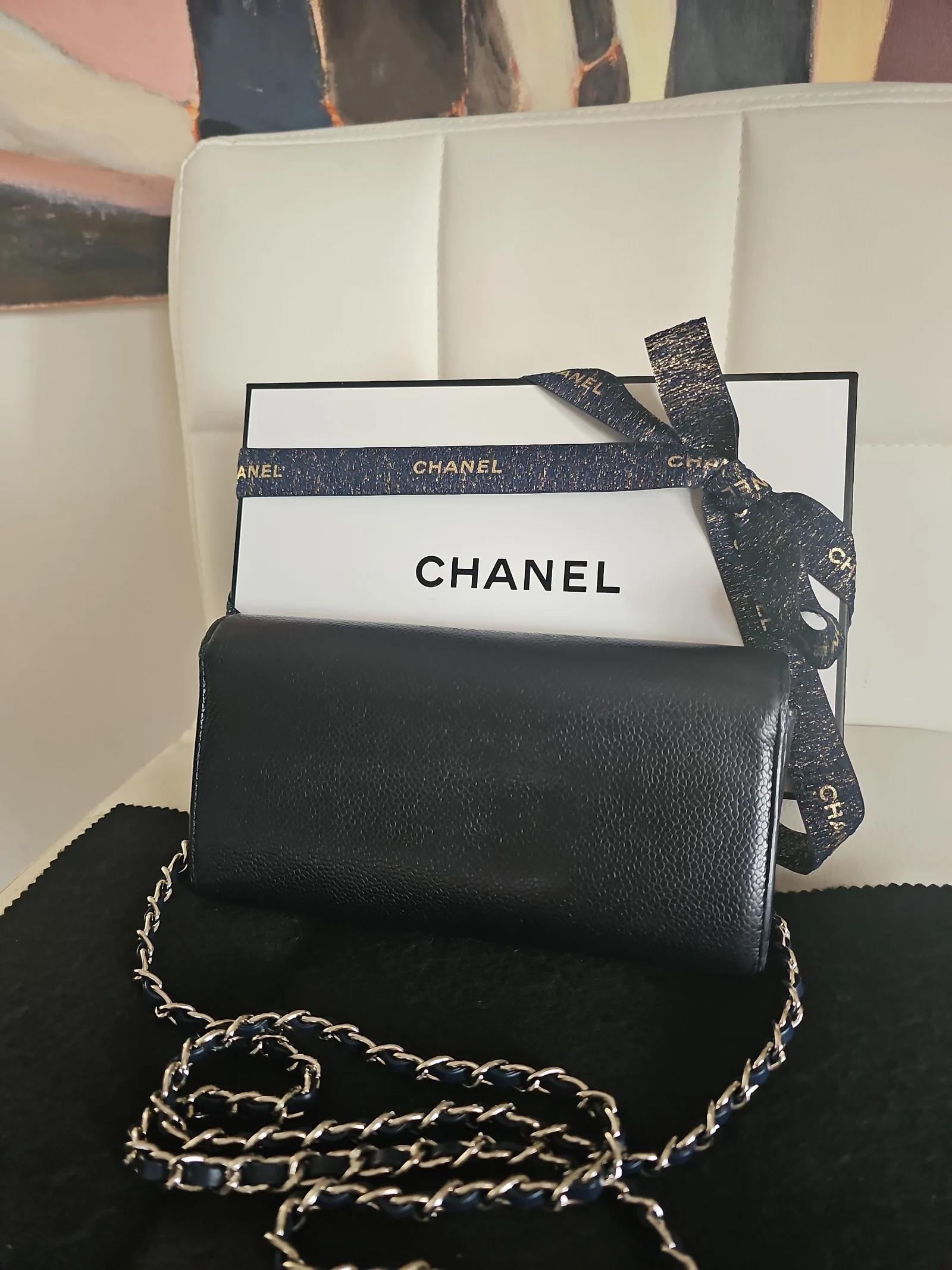 CHANEL Navy Blue Caviar Leather Long Wallet