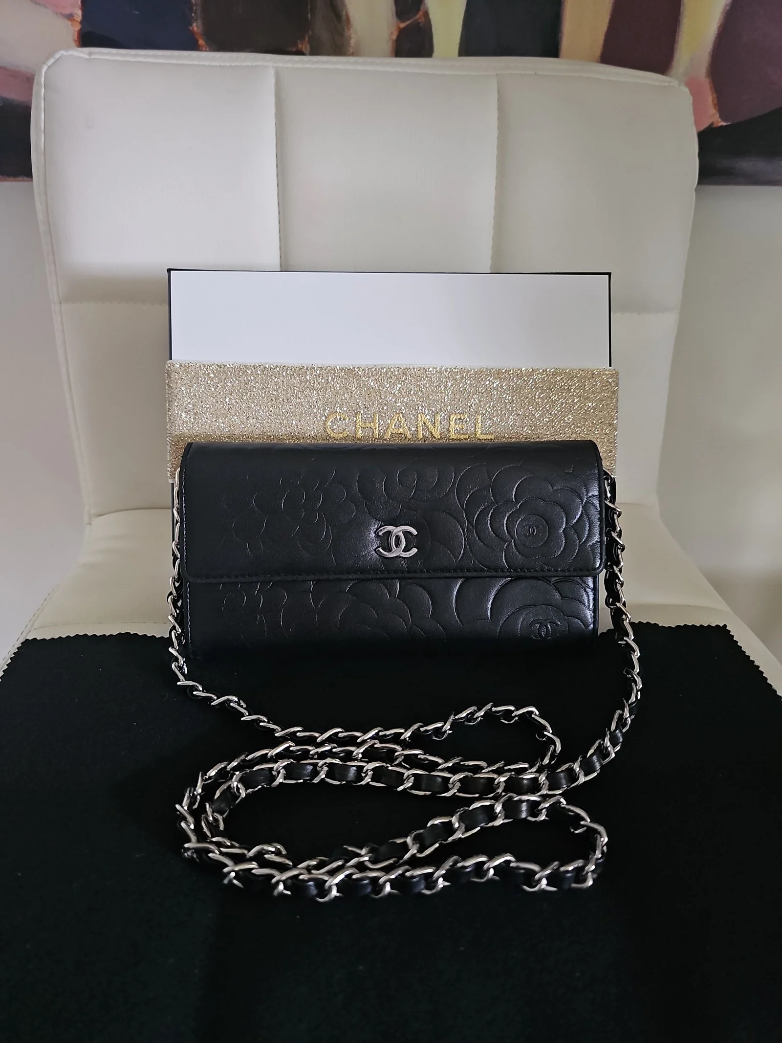 CHANEL Black Lambskin Camellia Embossed Wallet