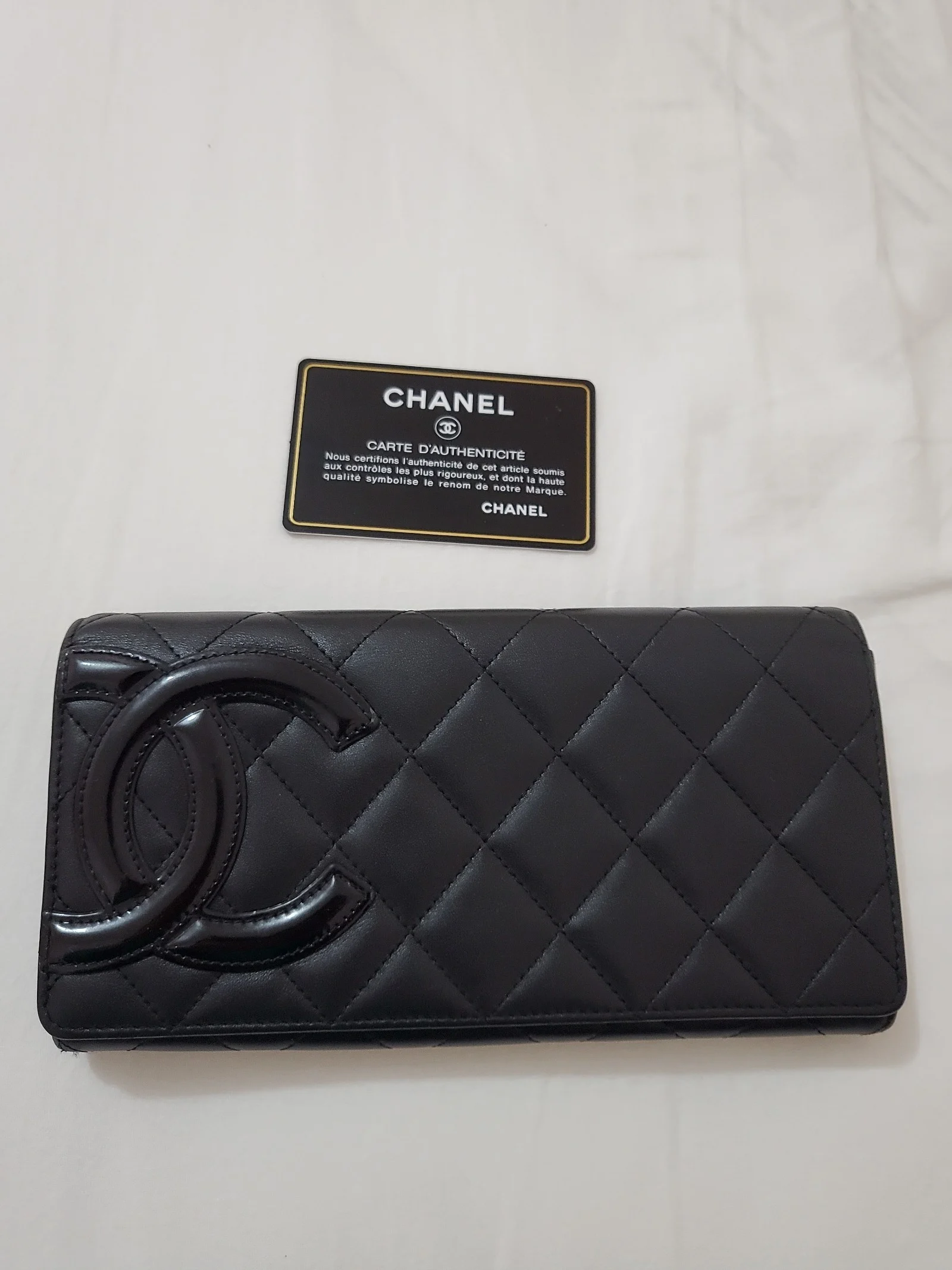 Auth CHANEL Cambon Matelasse Black Lambskin Long Flap Wallet Phone Crossbody Bag