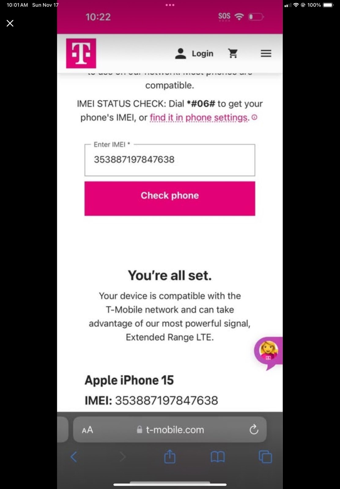 Unlocked blue IPhone 15 with pink wireless charging otter box case 8Y38