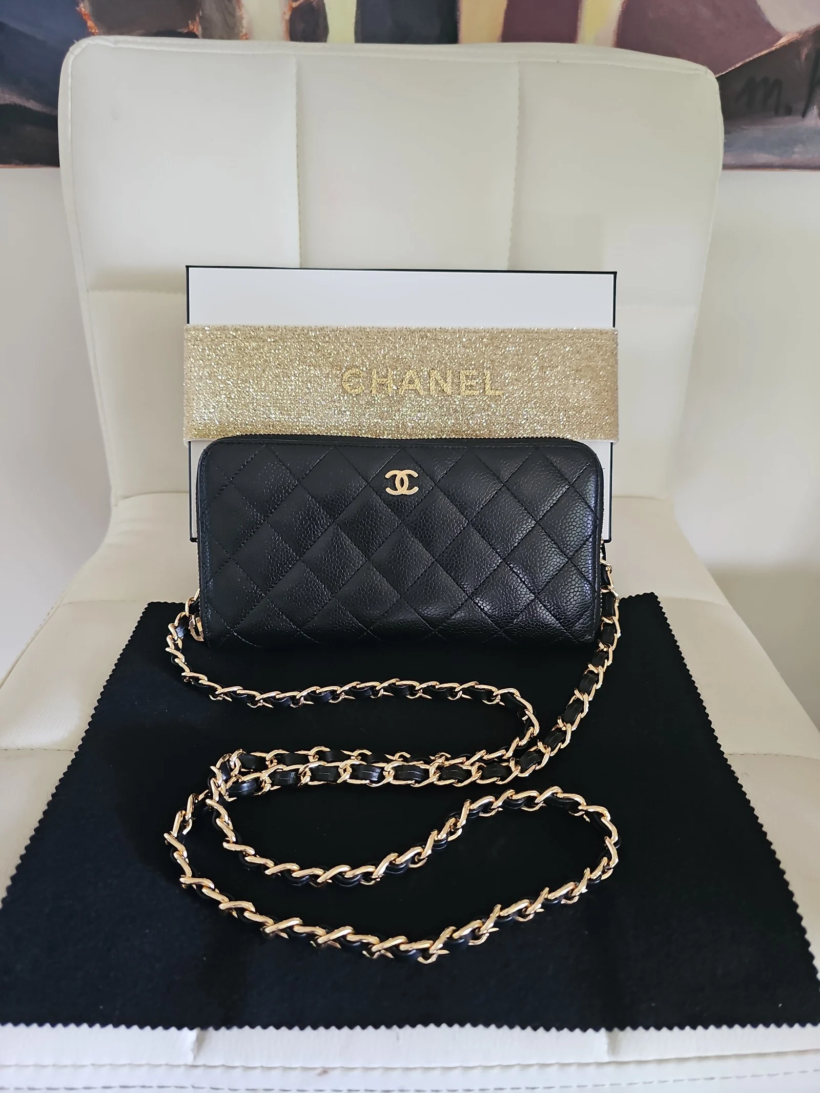 CHANEL Black Caviar Quilted Zip Around Wallet